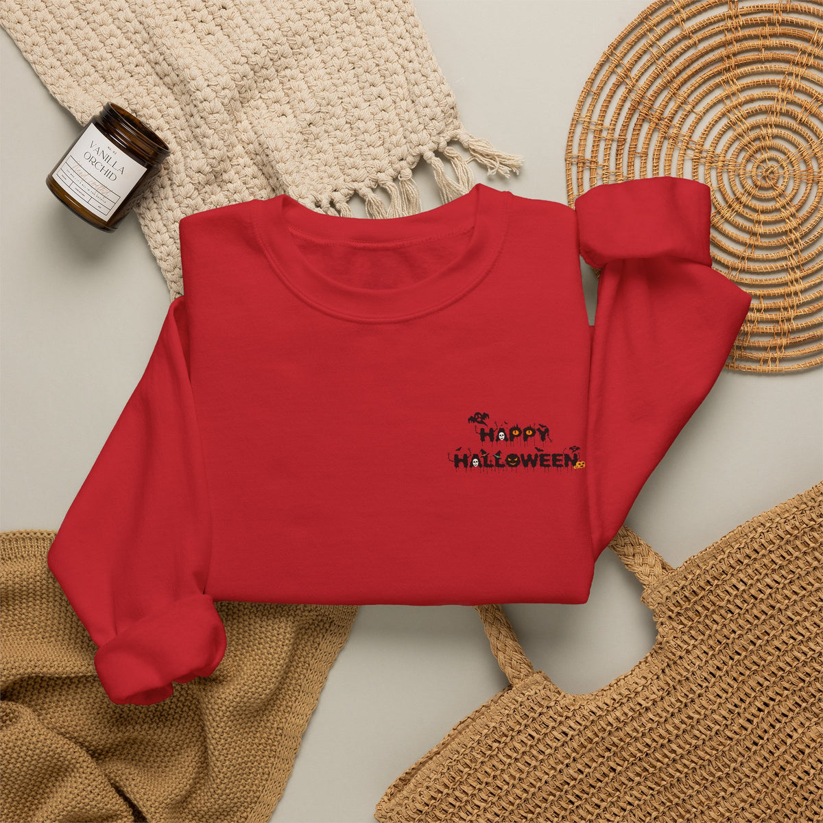 Halloween Candy Crewneck Sweatshirt — 'Happy Halloween' Jack-o'-Lantern & Candy Design