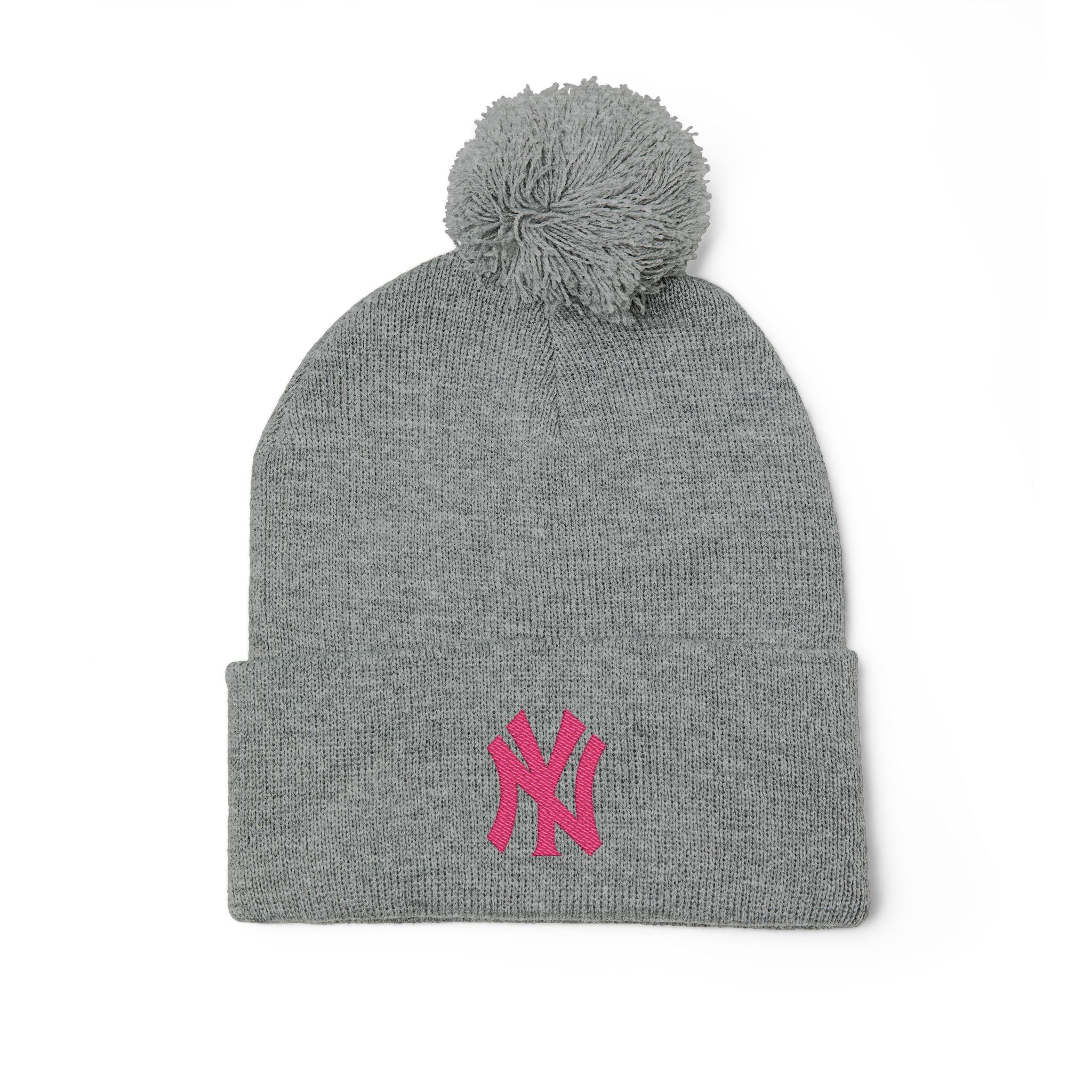 Embroidered Pom-Pom Knit Beanie — Grey Winter Hat with Pink NY Logo