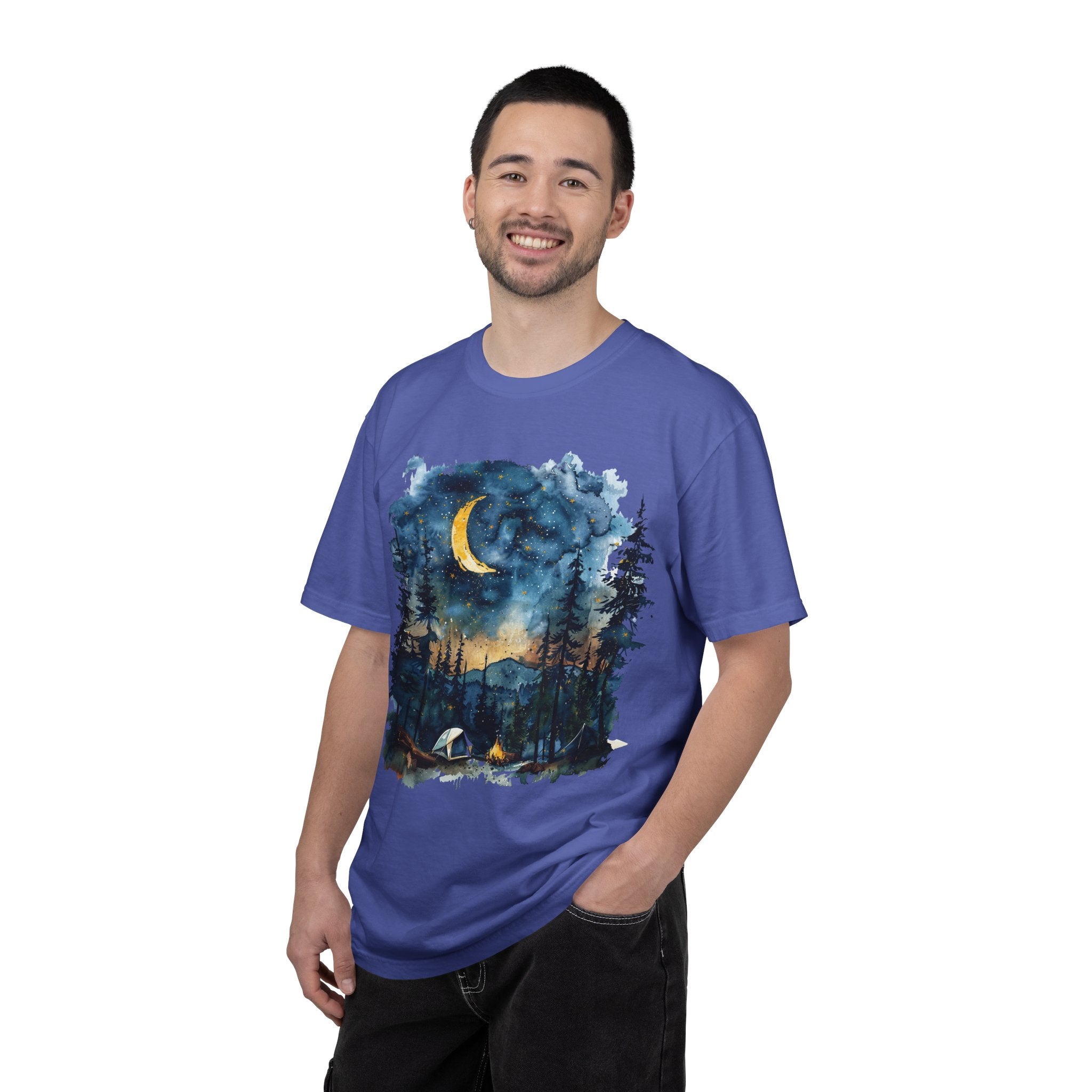 Moonlit Campsite T-shirt | Forest Night Sky, Crescent Moon