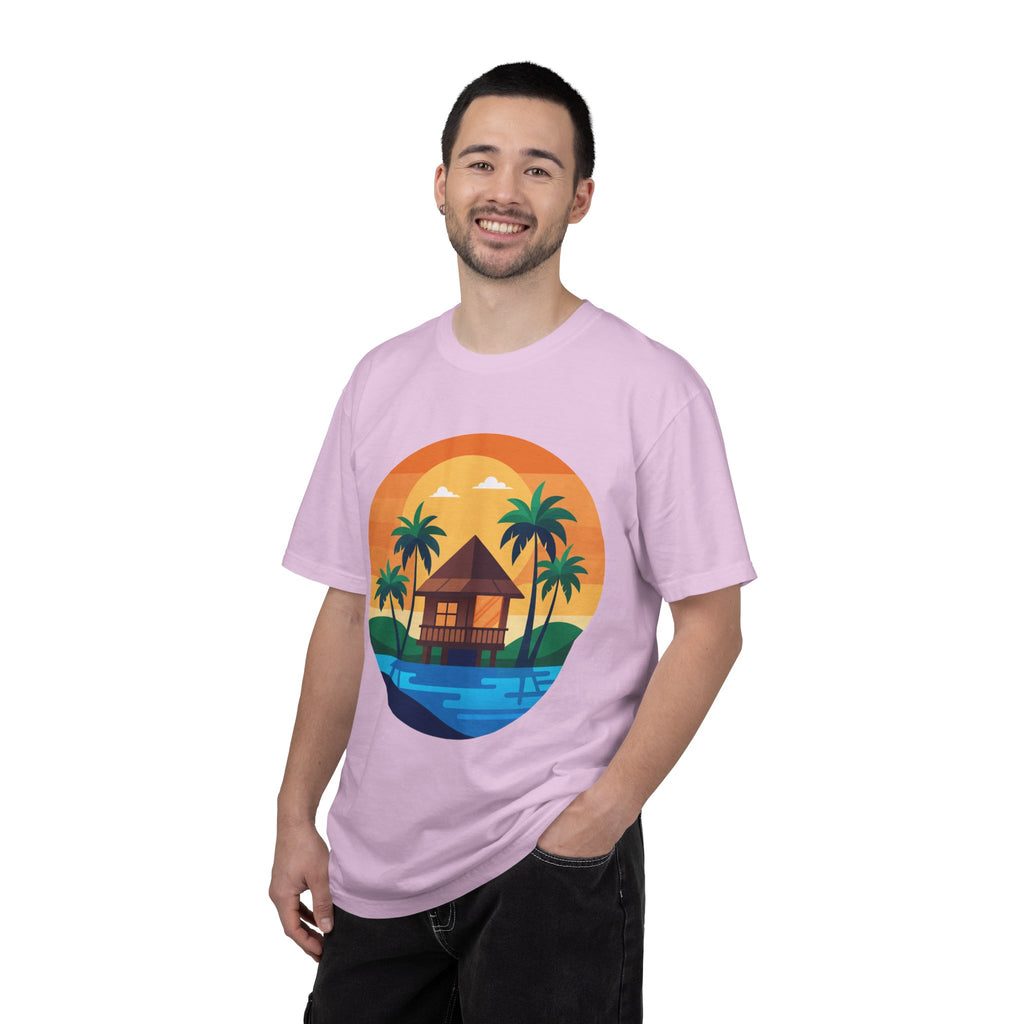 Tropical Beach Hut T-shirt | Sunset Palm Island Circle Design