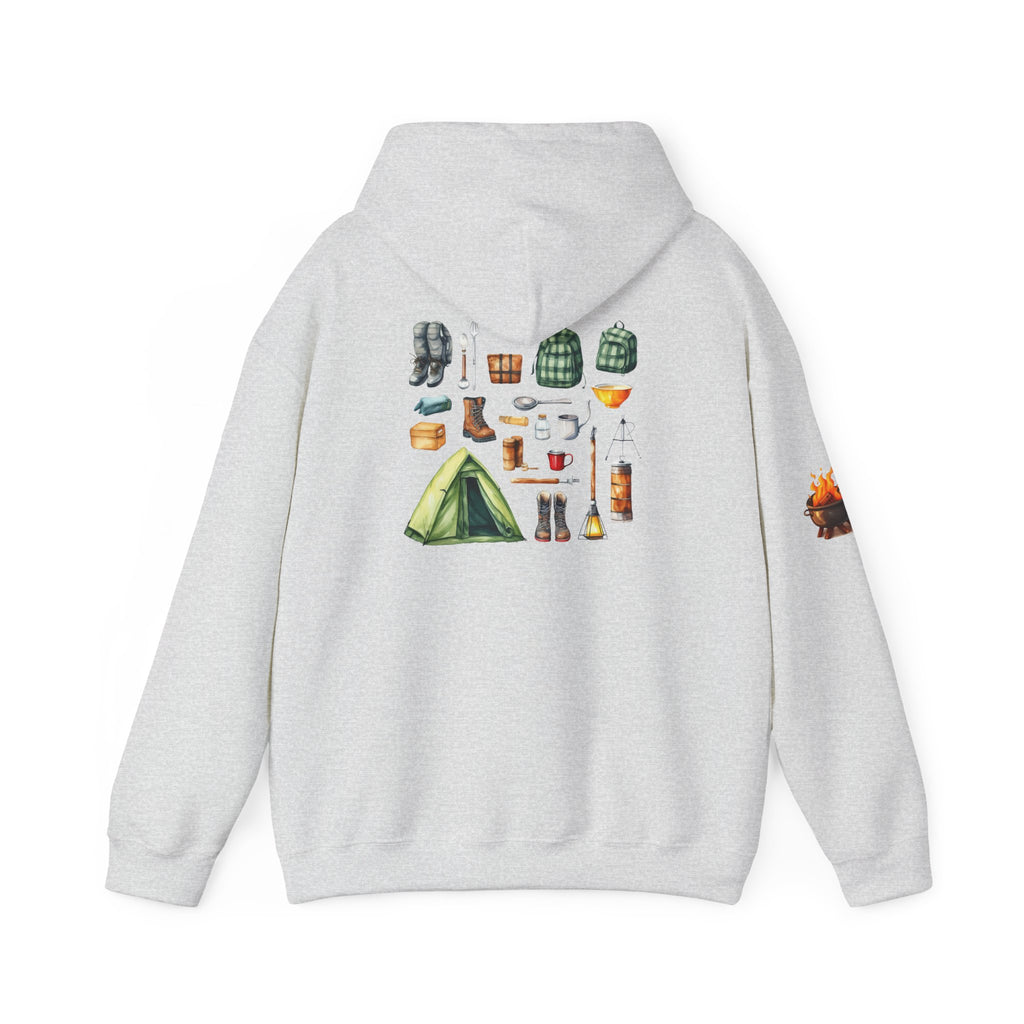 Camping Gear Hoodie  Tent, Boots, Lantern, Campfire Illustration