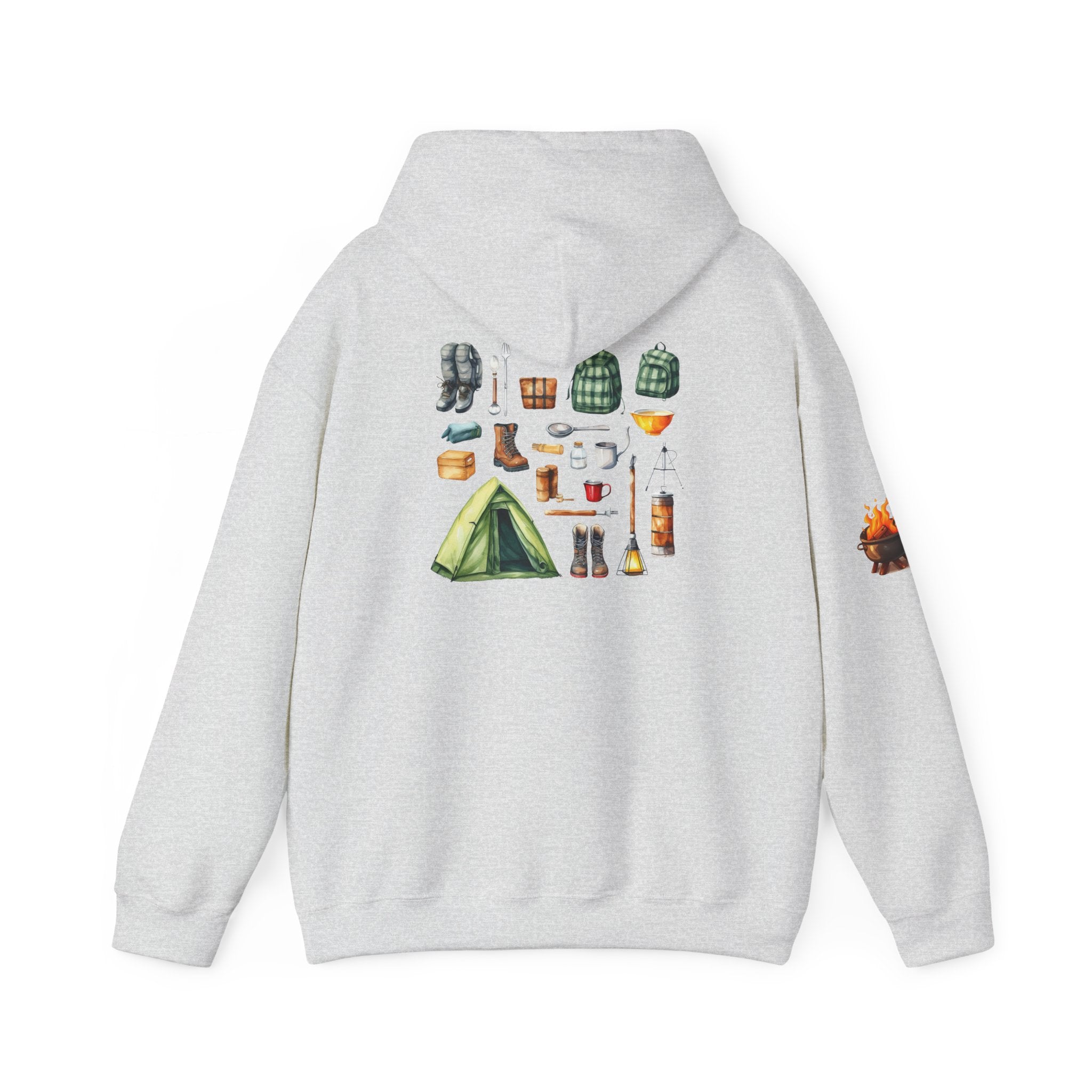 Camping Gear Hoodie  Tent, Boots, Lantern, Campfire Illustration