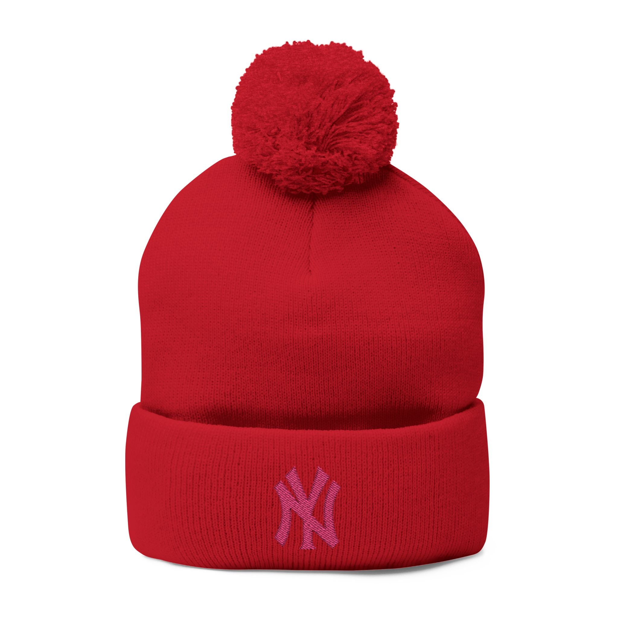 Embroidered Pom-Pom Knit Beanie — Grey Winter Hat with Pink NY Logo