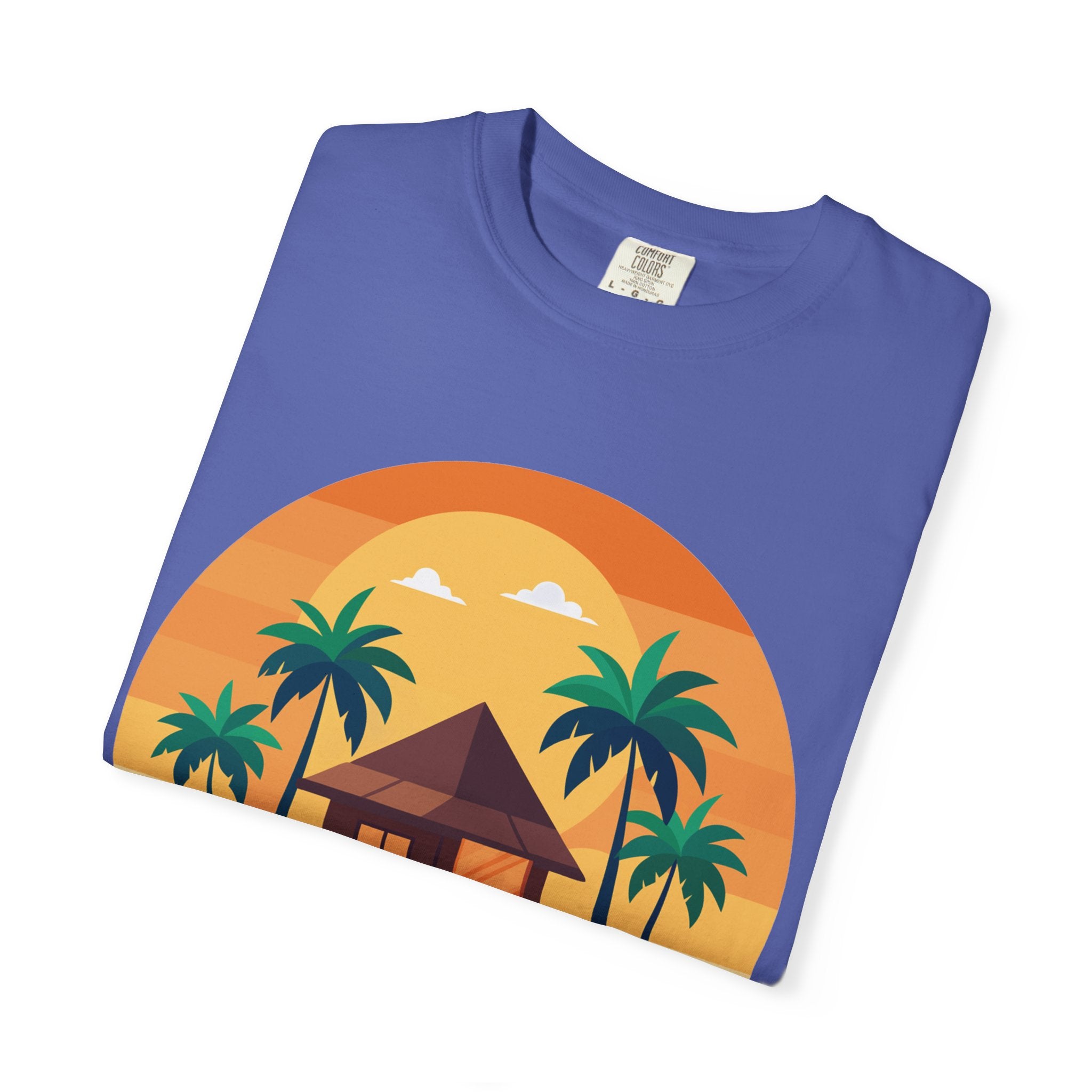 Tropical Beach Hut T-shirt | Sunset Palm Island Circle Design