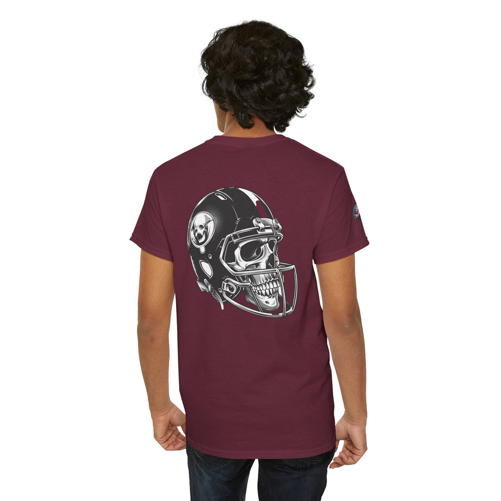 Skull Helmet Football Tee — Grunge Athletic Graphic T‑Shirt