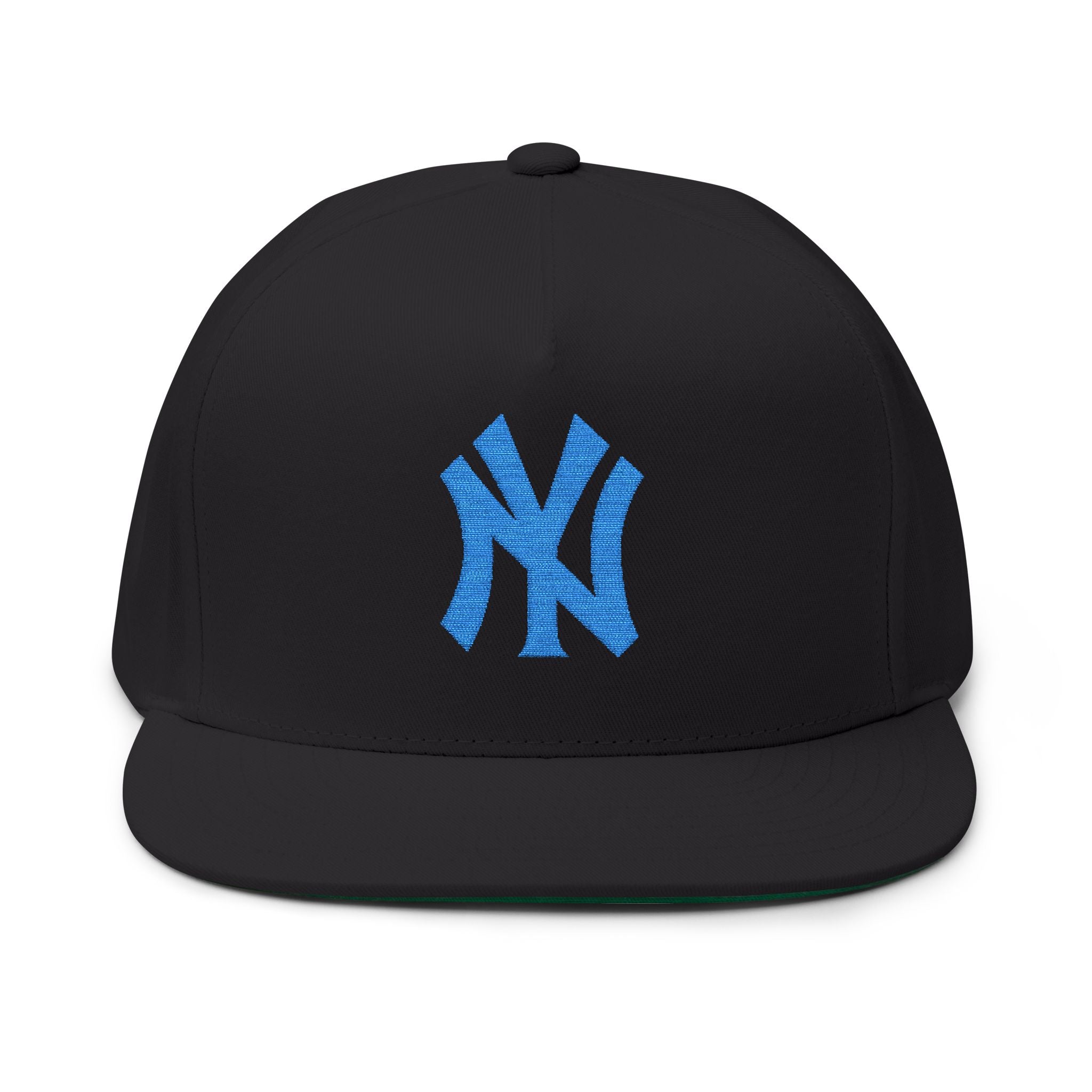 Embroidered Flat Bill Cap — Blue NY Logo Snapback Hat