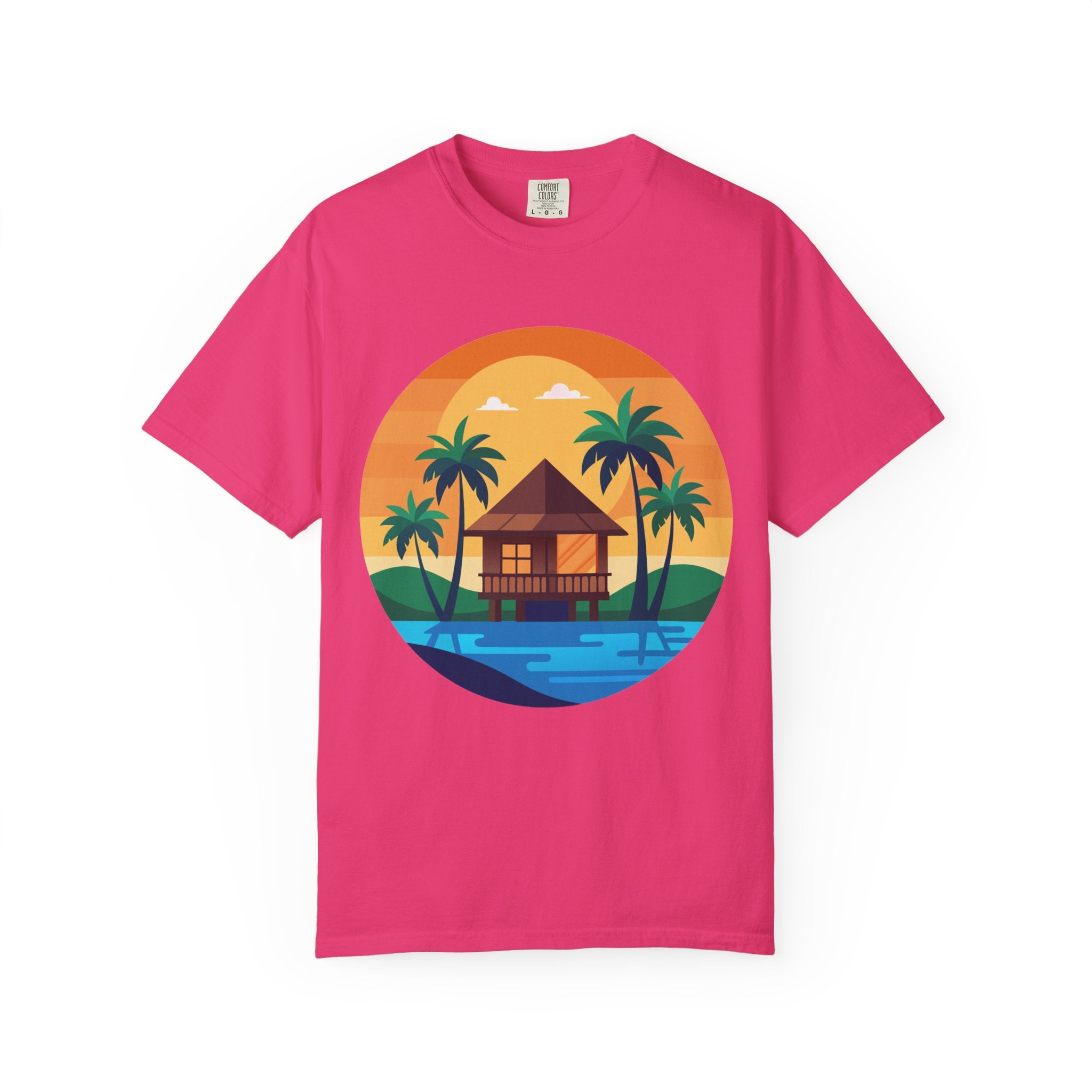 Tropical Beach Hut T-shirt | Sunset Palm Island Circle Design
