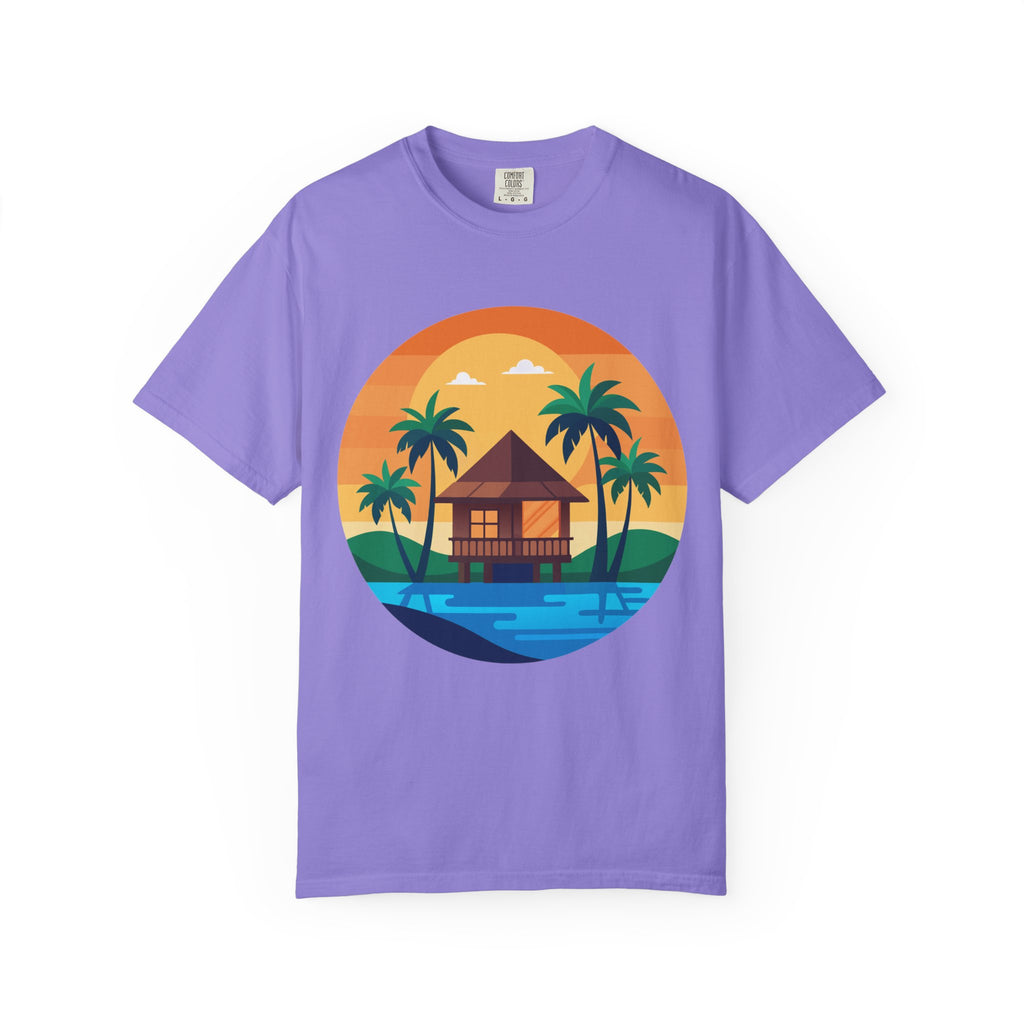 Tropical Beach Hut T-shirt | Sunset Palm Island Circle Design