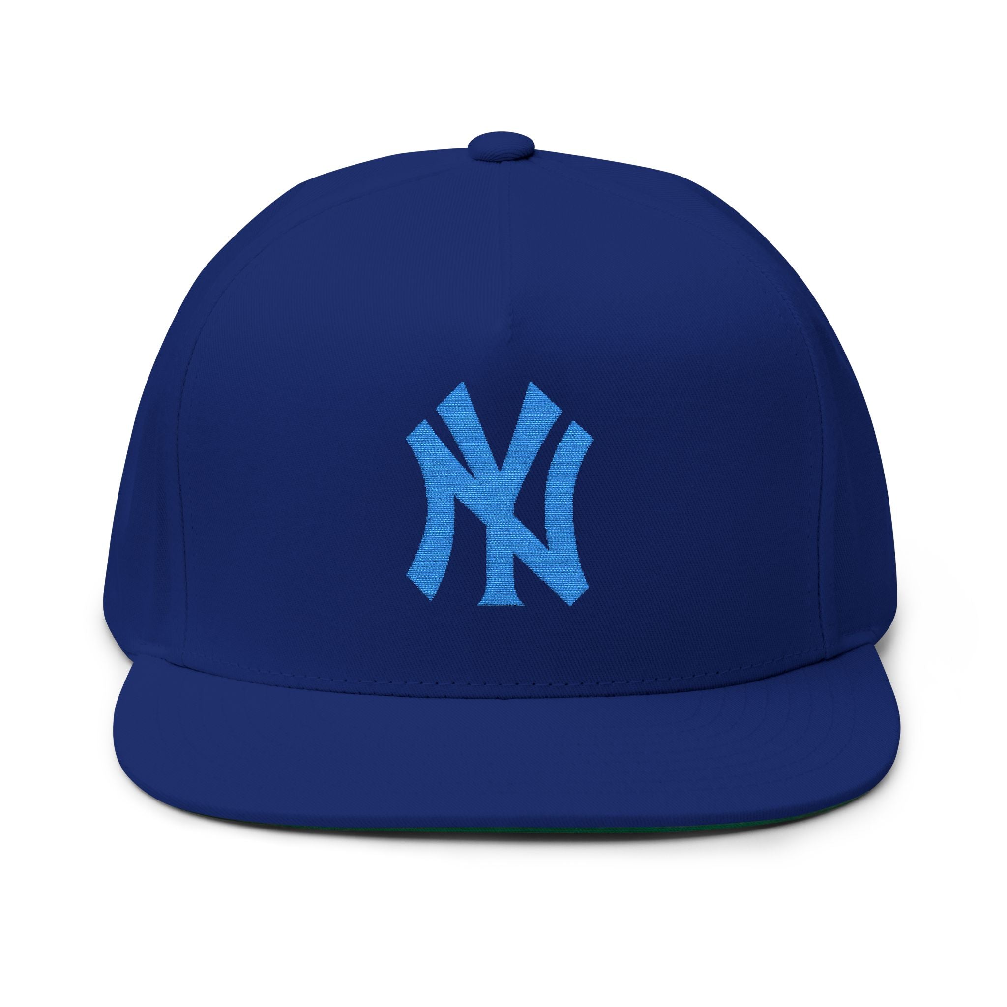 Embroidered Flat Bill Cap — Blue NY Logo Snapback Hat