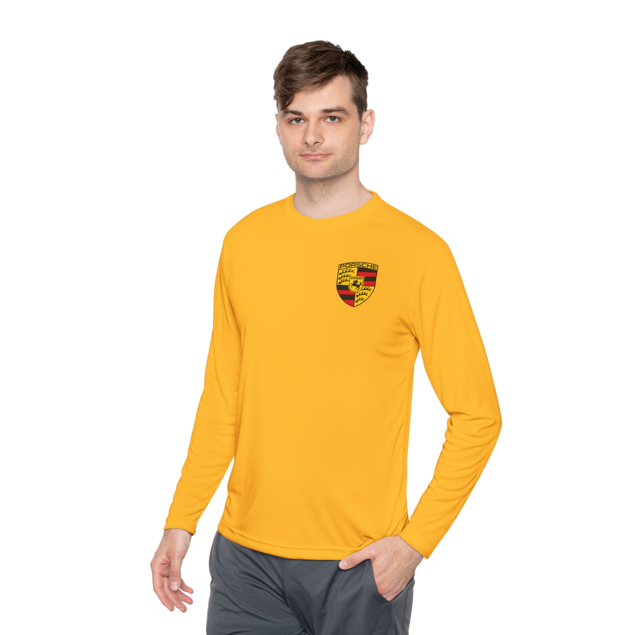 Porsche Racing Graphic Long Sleeve Tee Sports Car Crest and Rear View Print