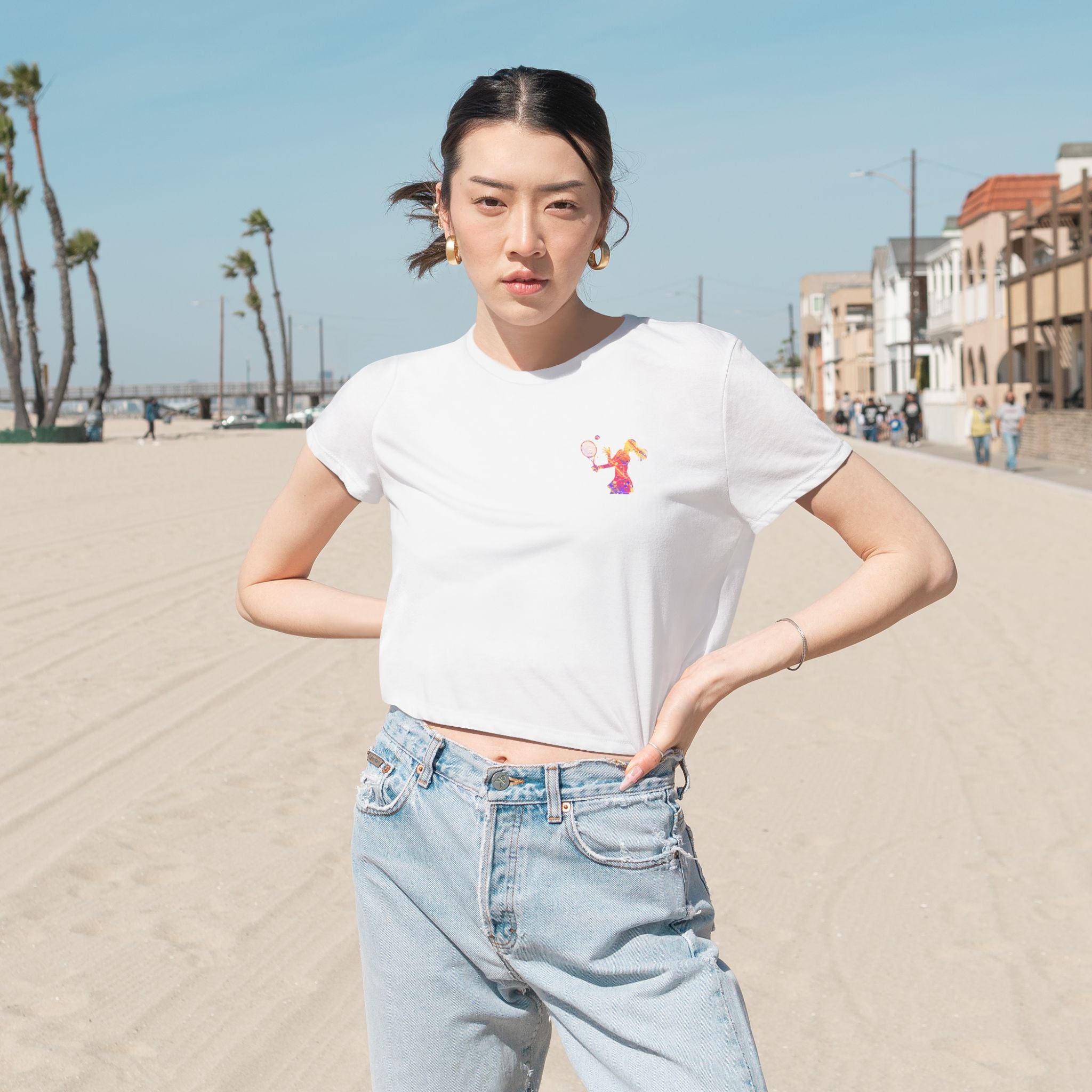 Cute Girl with Balloon Cropped Tee — Women's Flowy Casual Top