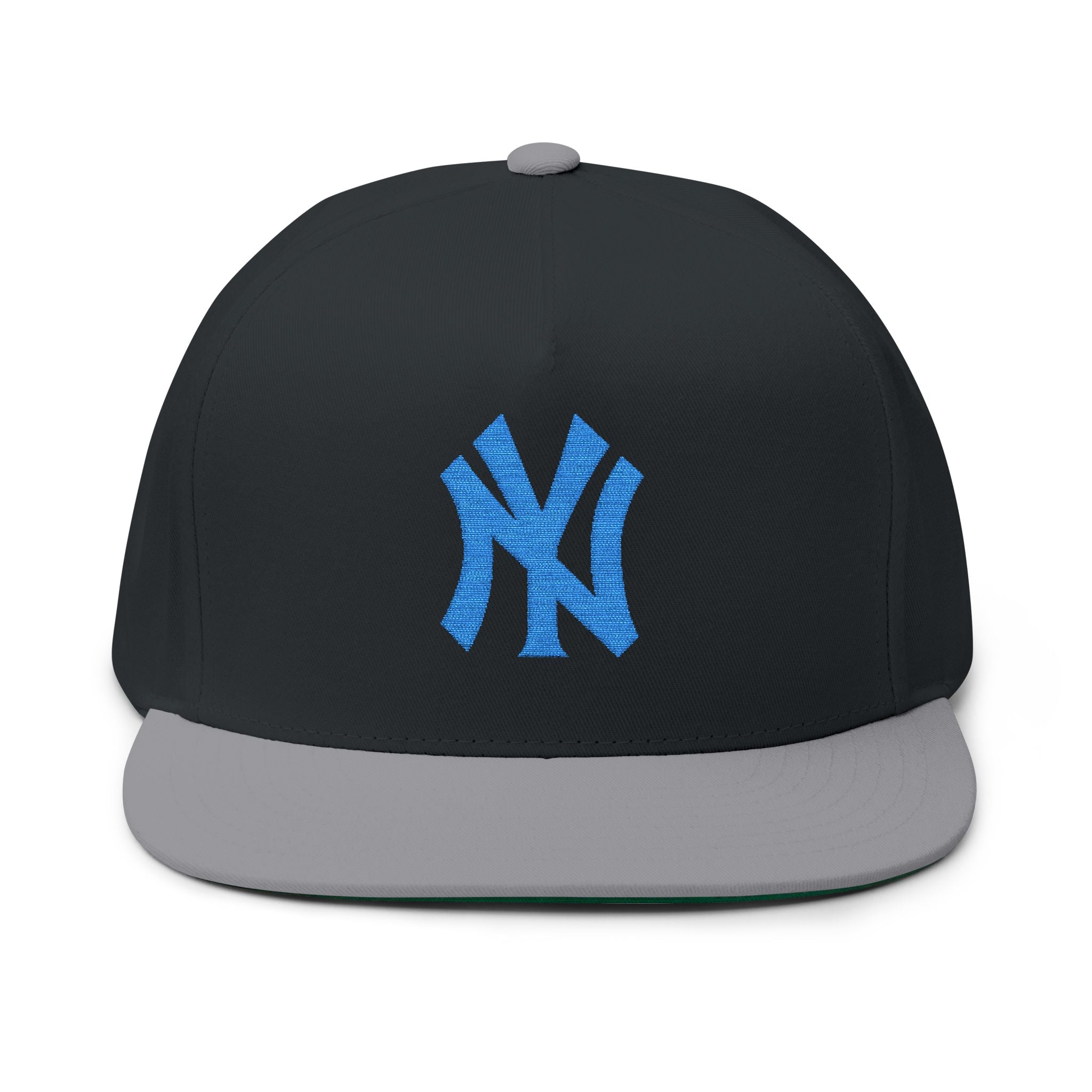 Embroidered Flat Bill Cap — Blue NY Logo Snapback Hat