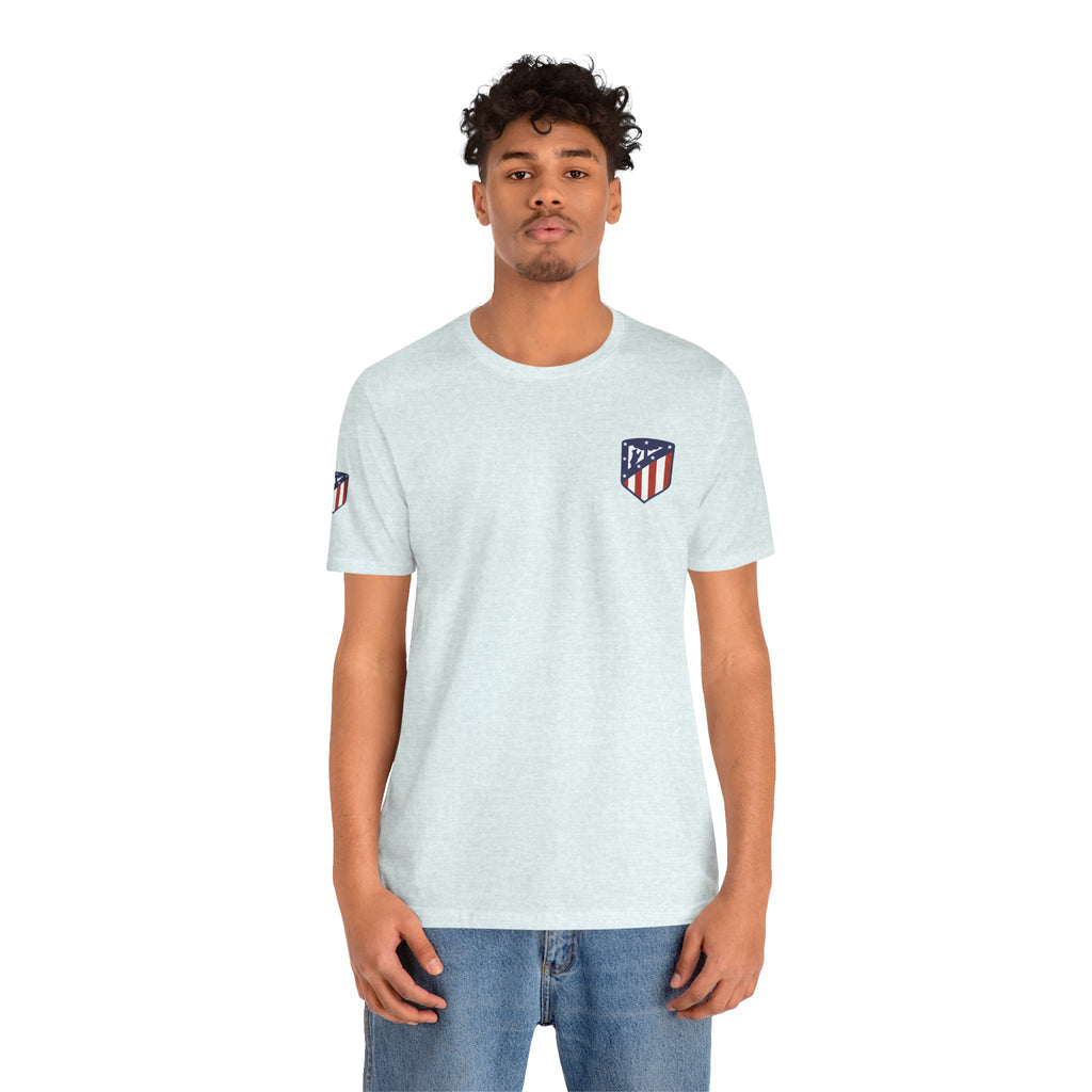 Atletico Madrid Shield T-Shirt Front Chest & Sleeve Logo Soccer Tee