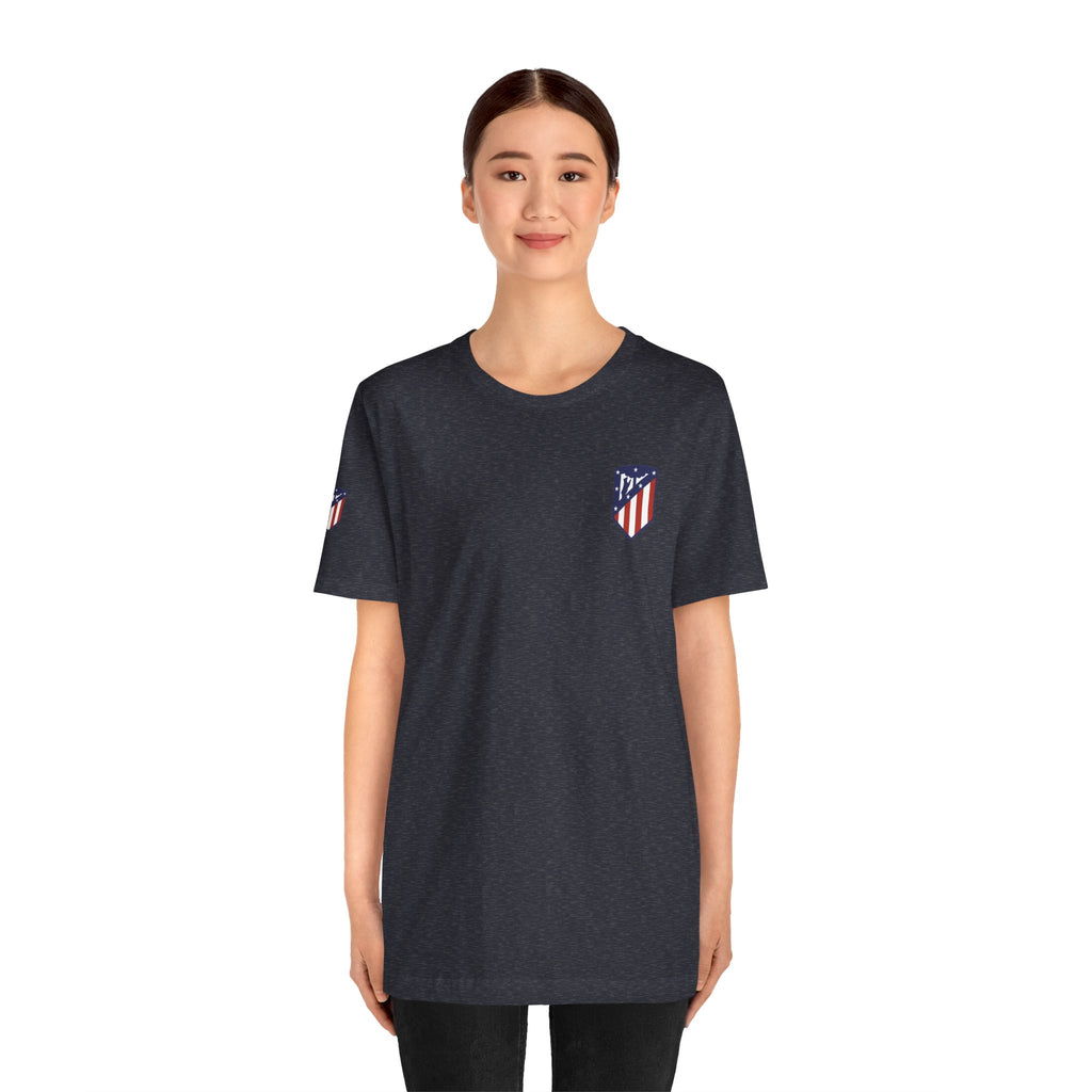 Atletico Madrid Shield T-Shirt Front Chest & Sleeve Logo Soccer Tee