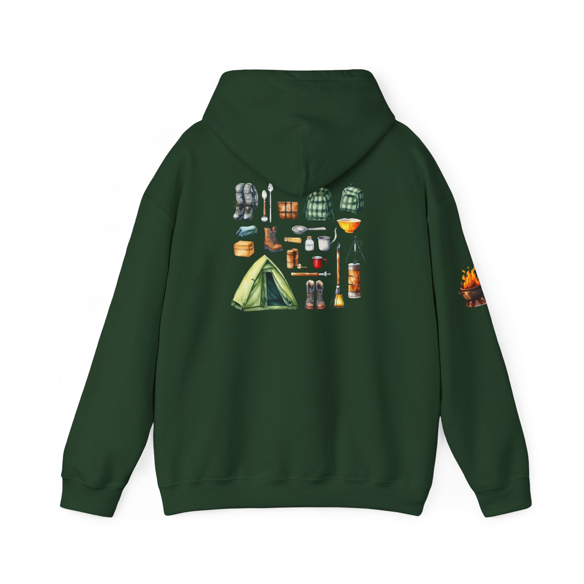 Camping Gear Hoodie  Tent, Boots, Lantern, Campfire Illustration
