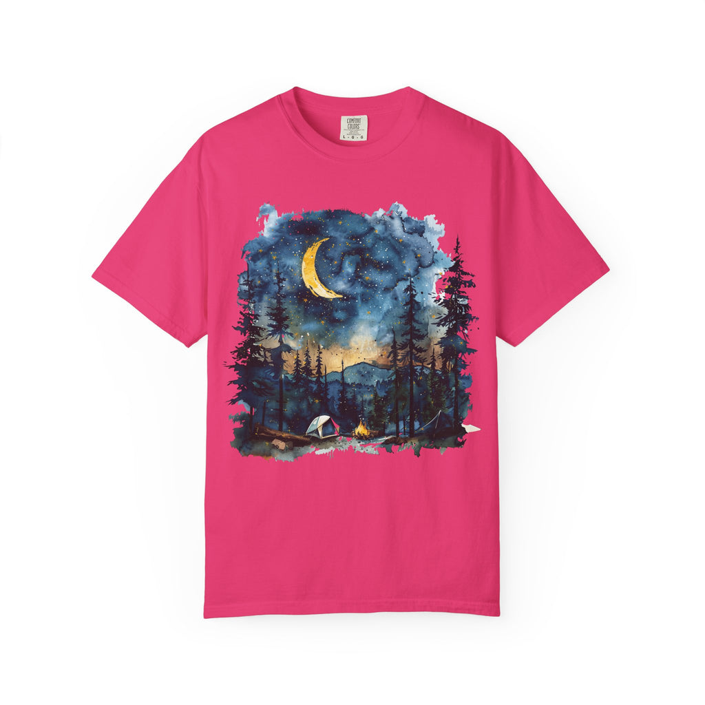 Moonlit Campsite T-shirt | Forest Night Sky, Crescent Moon