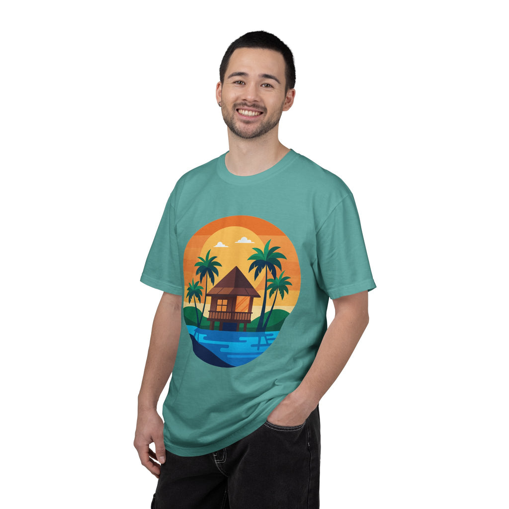 Tropical Beach Hut T-shirt | Sunset Palm Island Circle Design