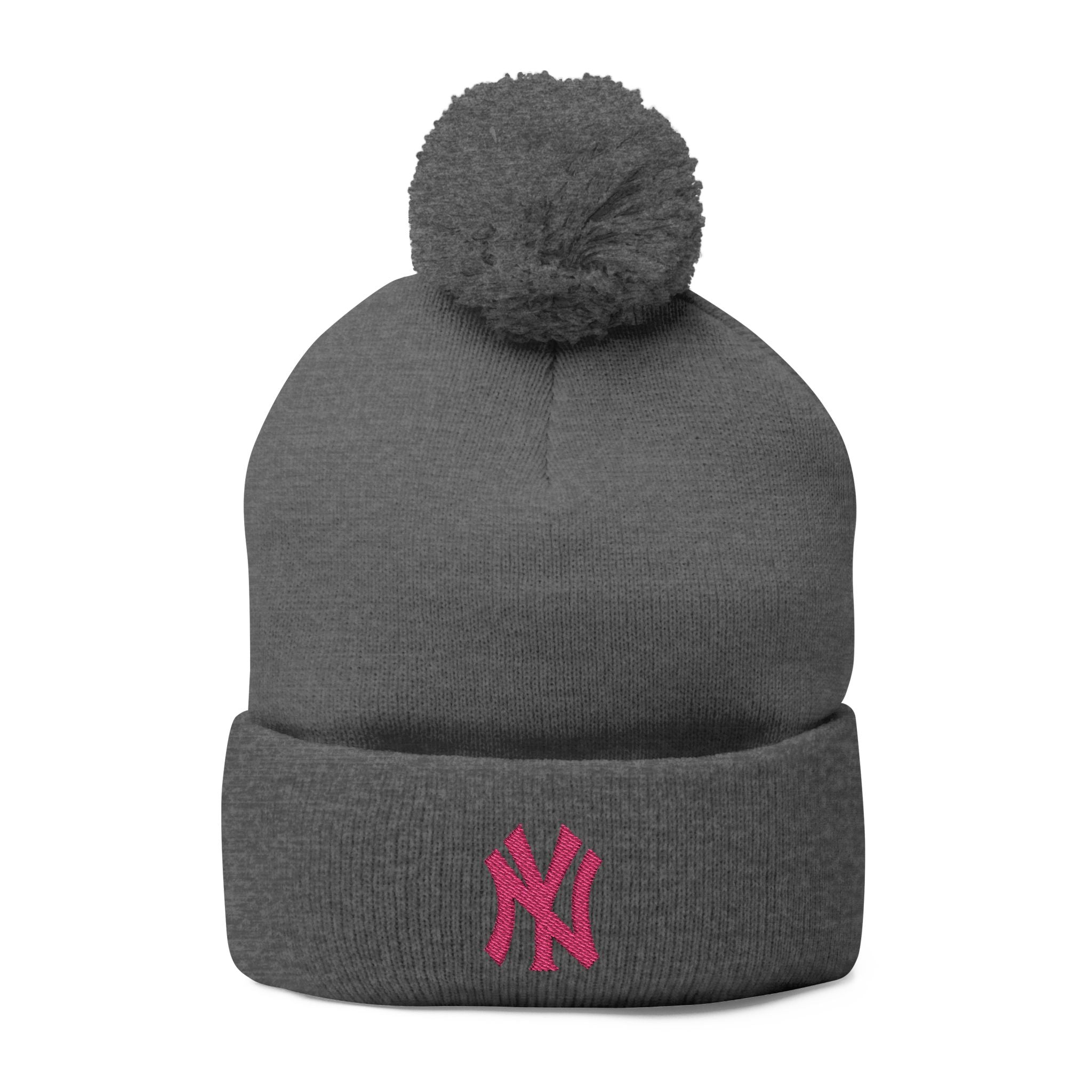 Embroidered Pom-Pom Knit Beanie — Grey Winter Hat with Pink NY Logo