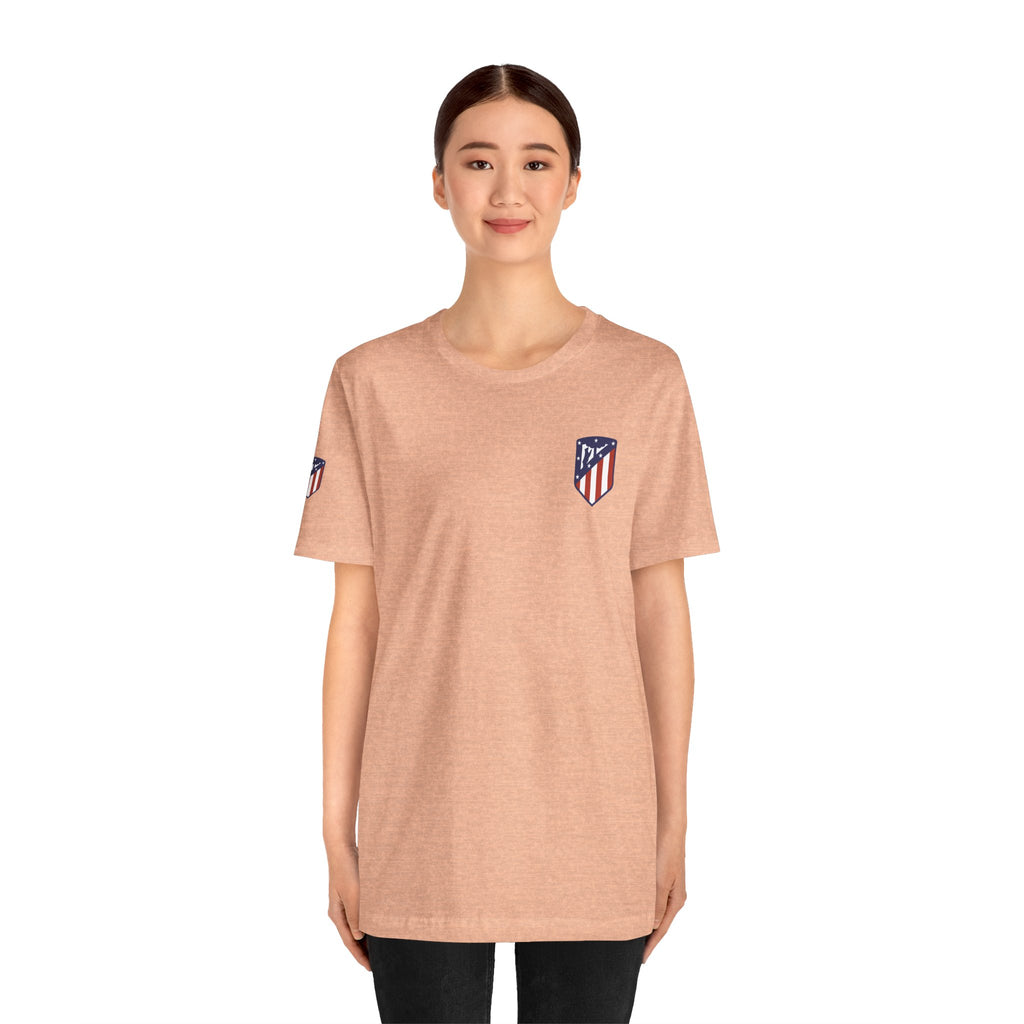 Atletico Madrid Shield T-Shirt Front Chest & Sleeve Logo Soccer Tee