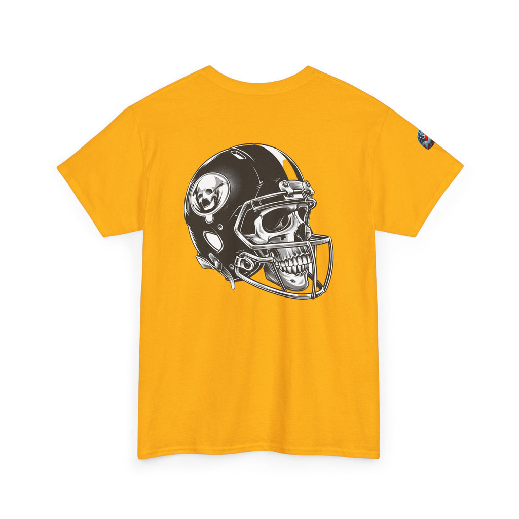 Skull Helmet Football Tee — Grunge Athletic Graphic T‑Shirt