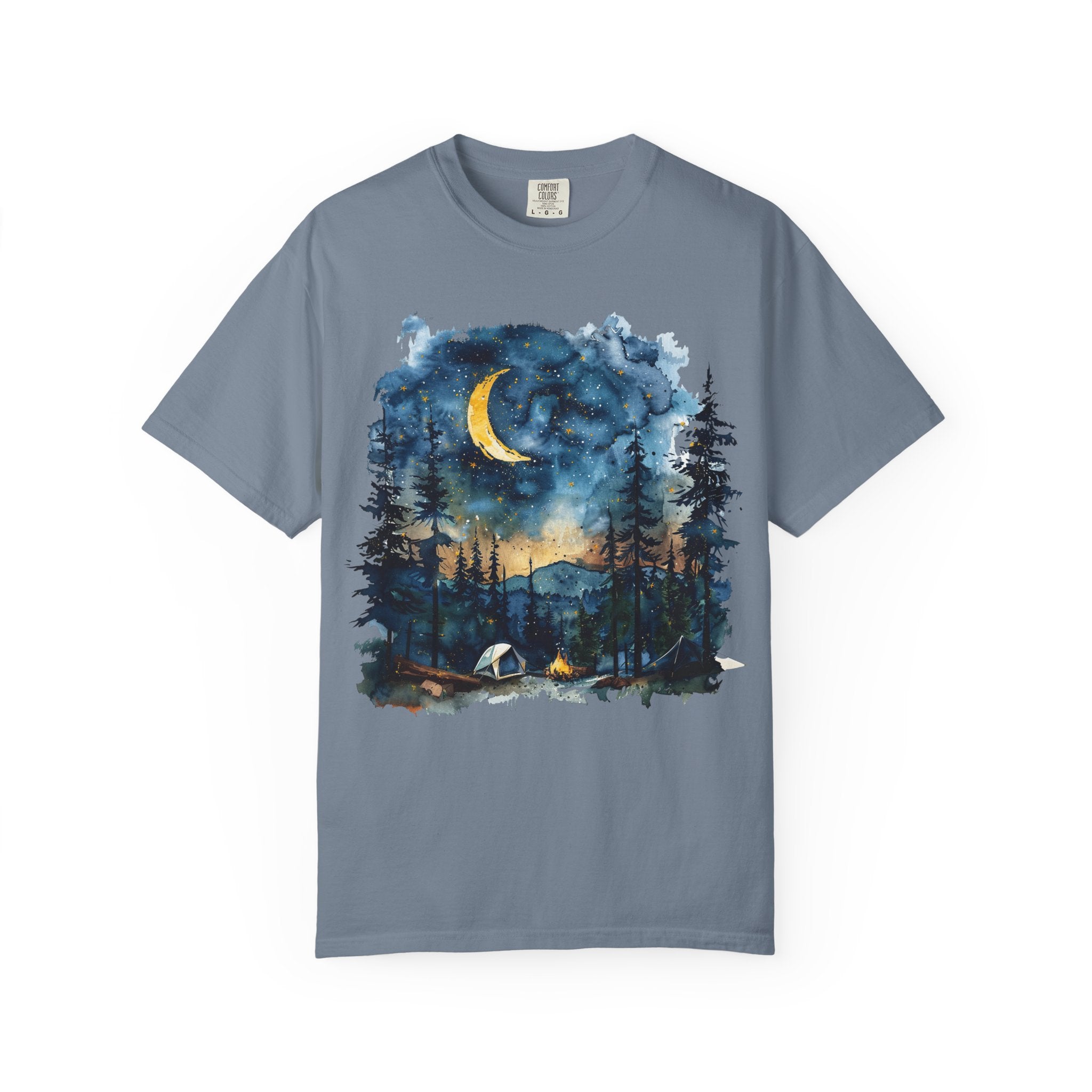 Moonlit Campsite T-shirt | Forest Night Sky, Crescent Moon