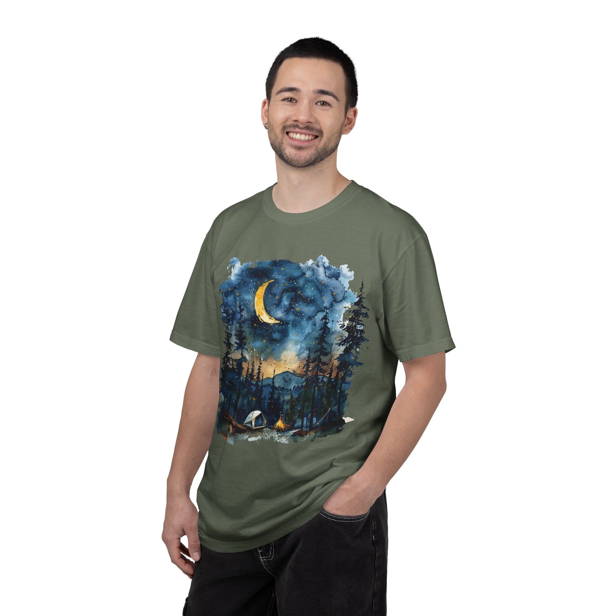 Moonlit Campsite T-shirt | Forest Night Sky, Crescent Moon