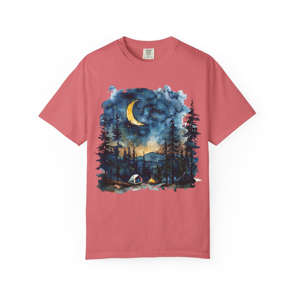 Moonlit Campsite T-shirt | Forest Night Sky, Crescent Moon