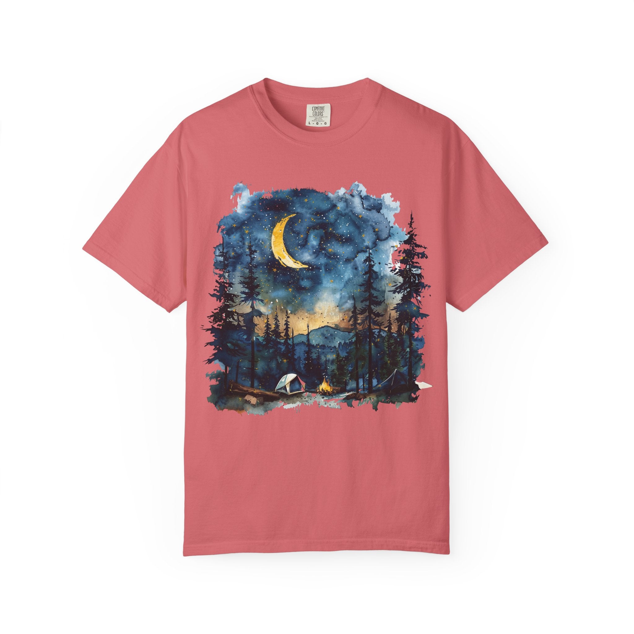 Moonlit Campsite T-shirt | Forest Night Sky, Crescent Moon
