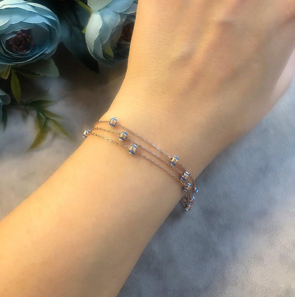 Evil eye charm silver 3 row bracelet 925 sterling rose silver bracelet