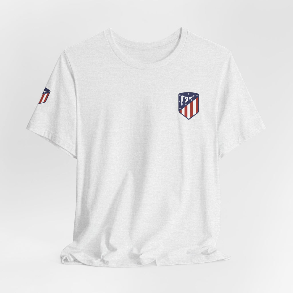 Atletico Madrid Shield T-Shirt Front Chest & Sleeve Logo Soccer Tee