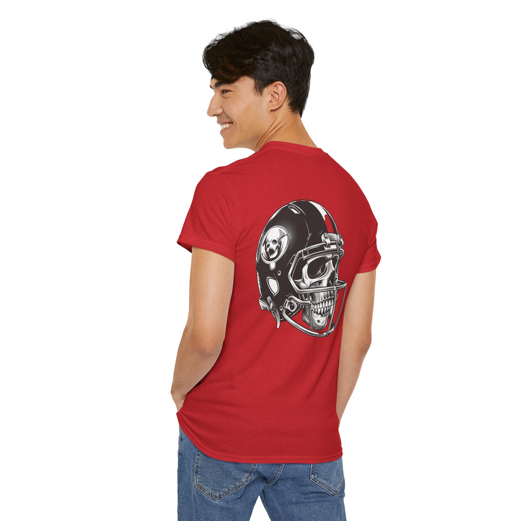 Skull Helmet Football Tee — Grunge Athletic Graphic T‑Shirt