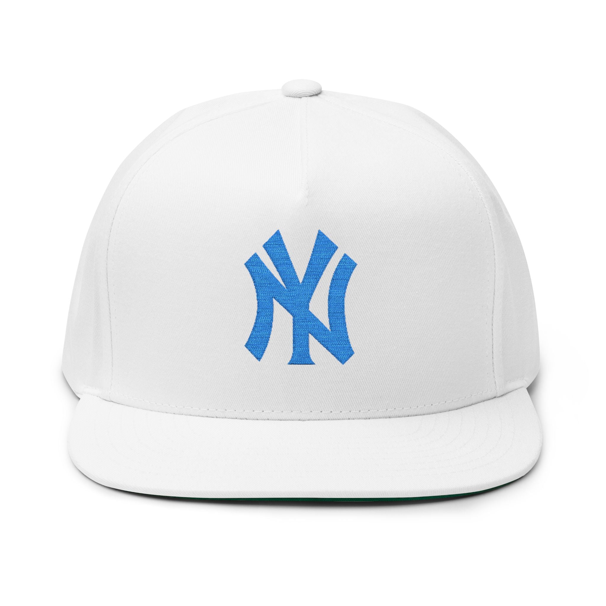 Embroidered Flat Bill Cap — Blue NY Logo Snapback Hat