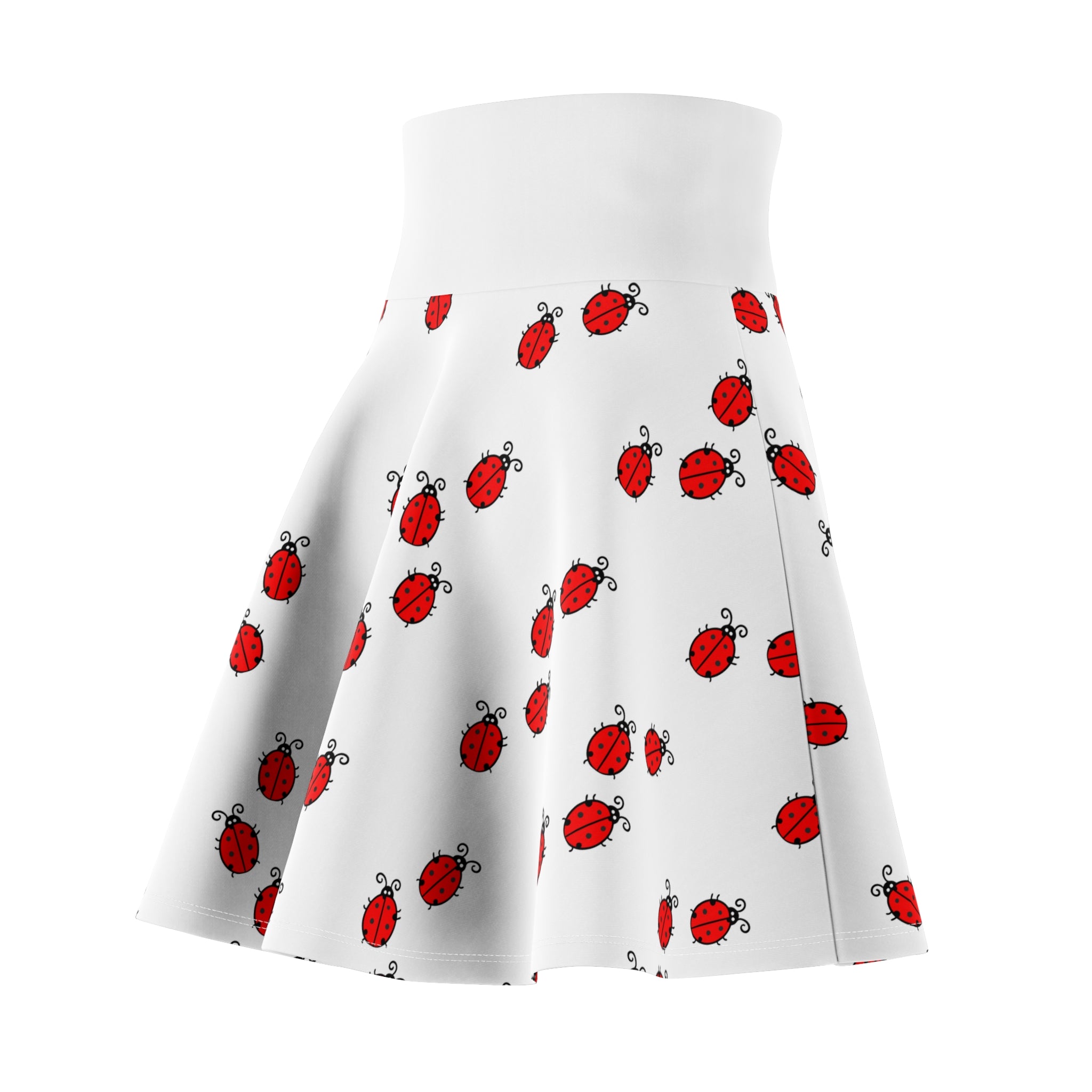 Red Ladybug Pattern Skater Skirt | Cute Insect Print, White Background