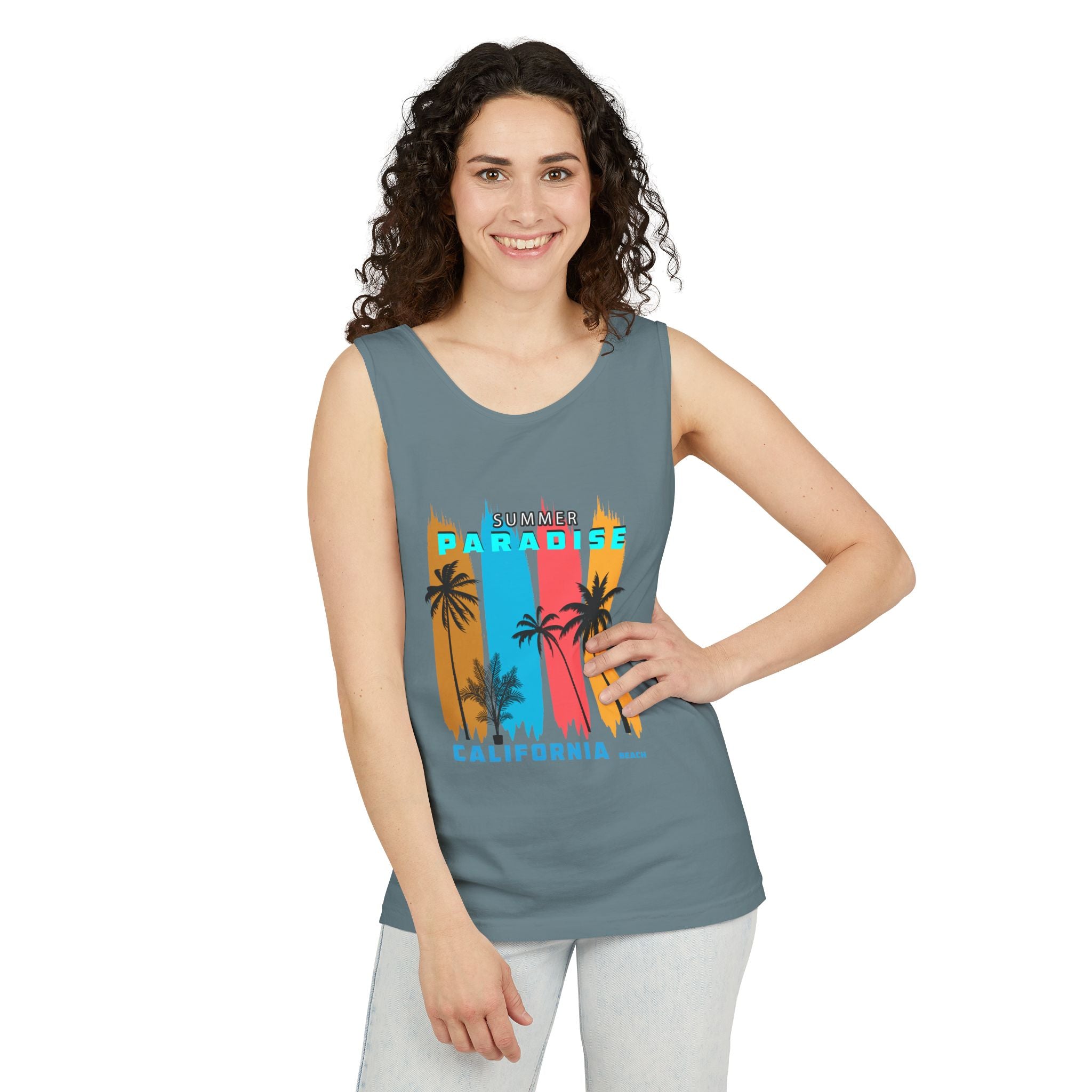 California Paradise Palm Tank Top Retro Beach Sunset Graphic