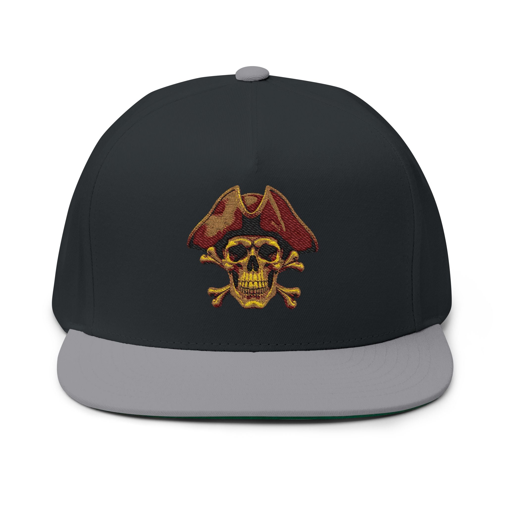 Embroidered Pirate Skull Flat Bill Cap  Gold Skull & Tricorn Hat Snapback