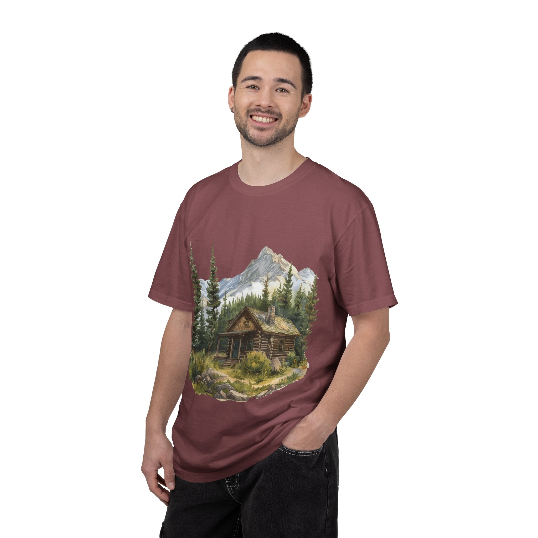 Mountain Log Cabin Illustration T-Shirt | Rustic Nature Scene