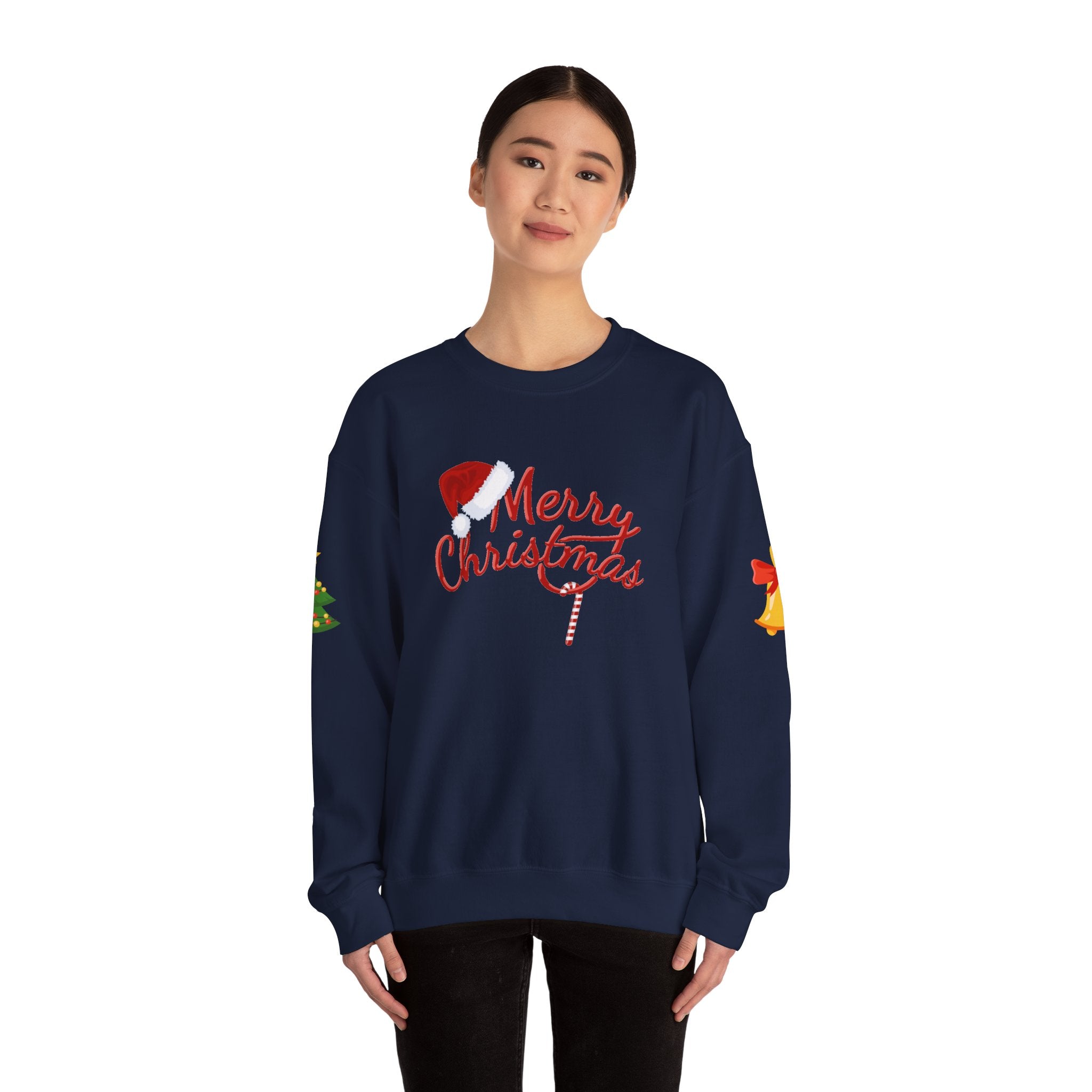Merry Christmas script candy cane Sweatshirt | Christmas tree sleeve design