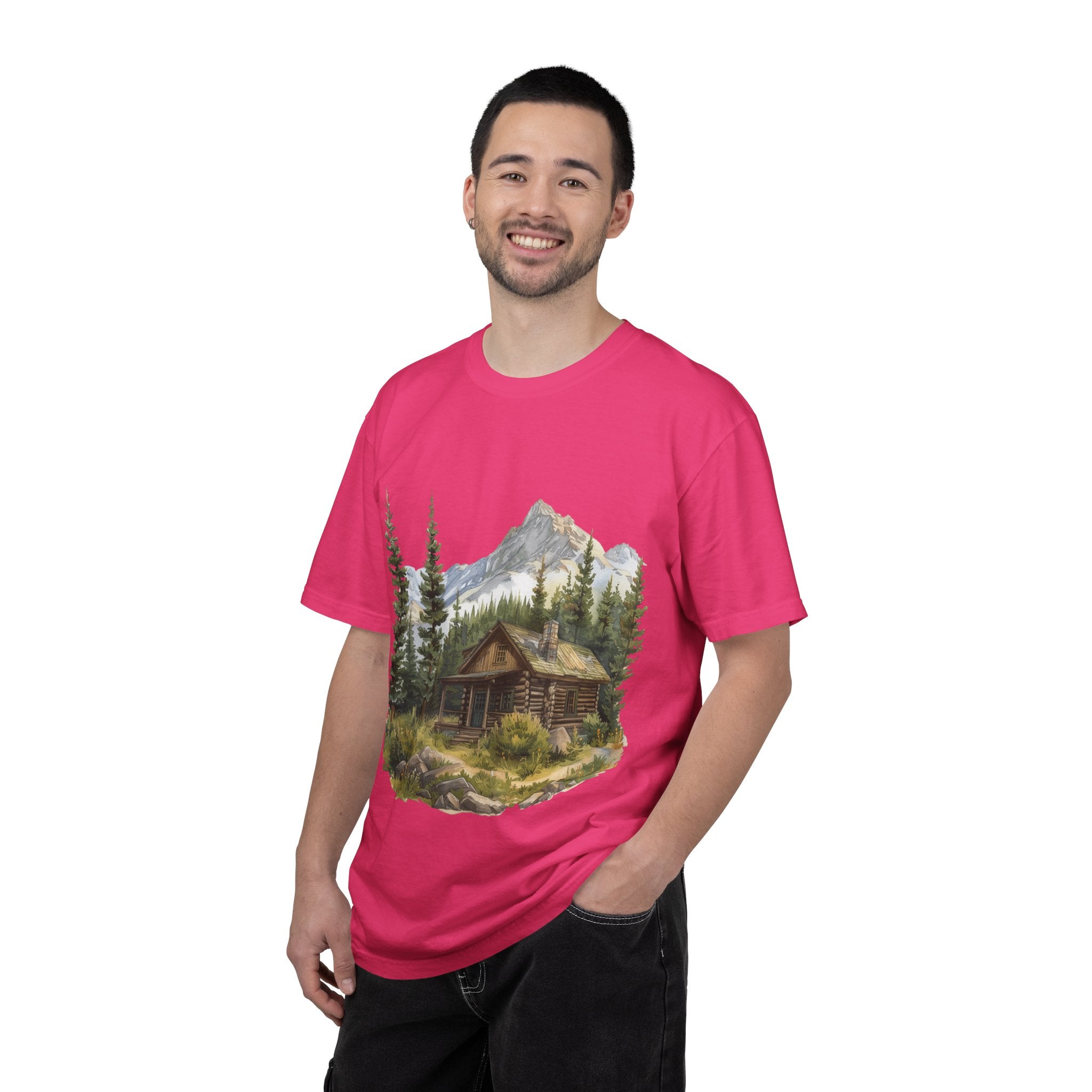 Mountain Log Cabin Illustration T-Shirt | Rustic Nature Scene