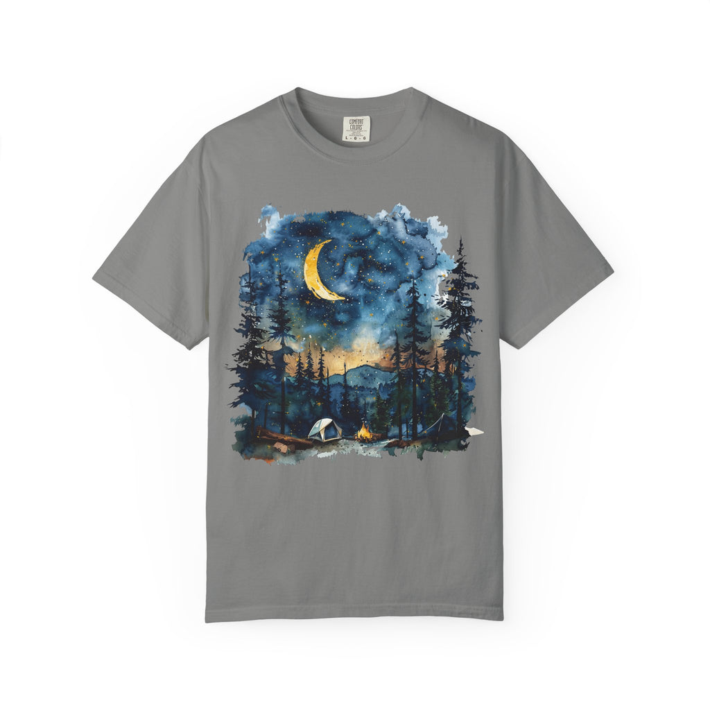 Moonlit Campsite T-shirt | Forest Night Sky, Crescent Moon