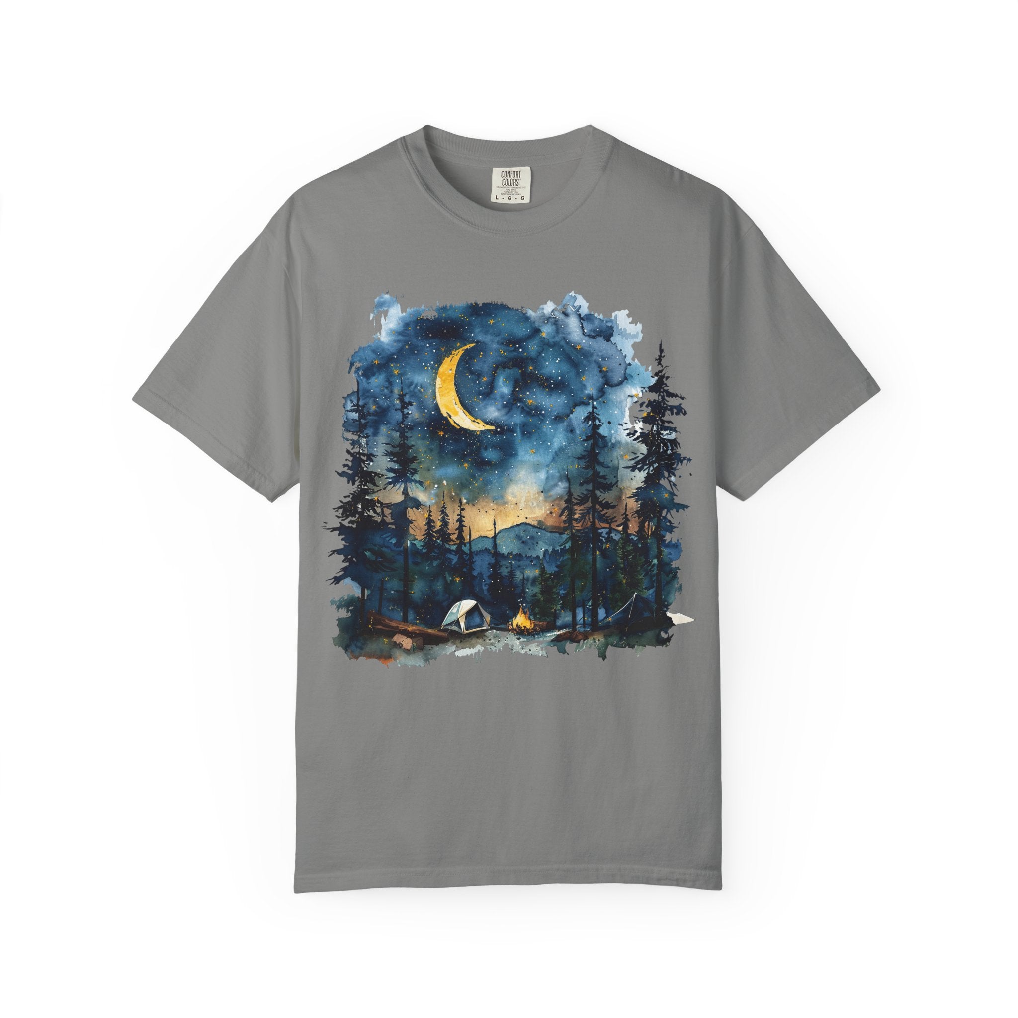 Moonlit Campsite T-shirt | Forest Night Sky, Crescent Moon