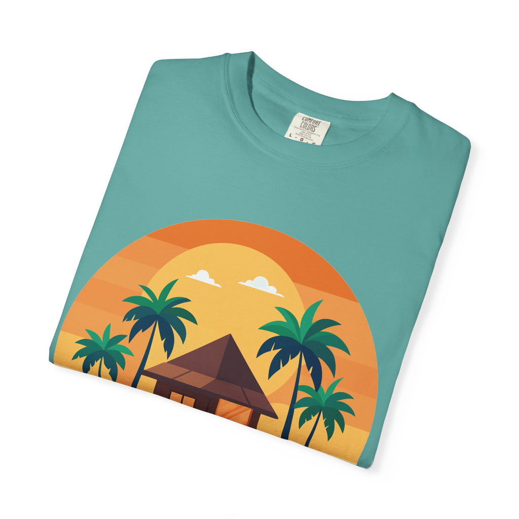 Tropical Beach Hut T-shirt | Sunset Palm Island Circle Design