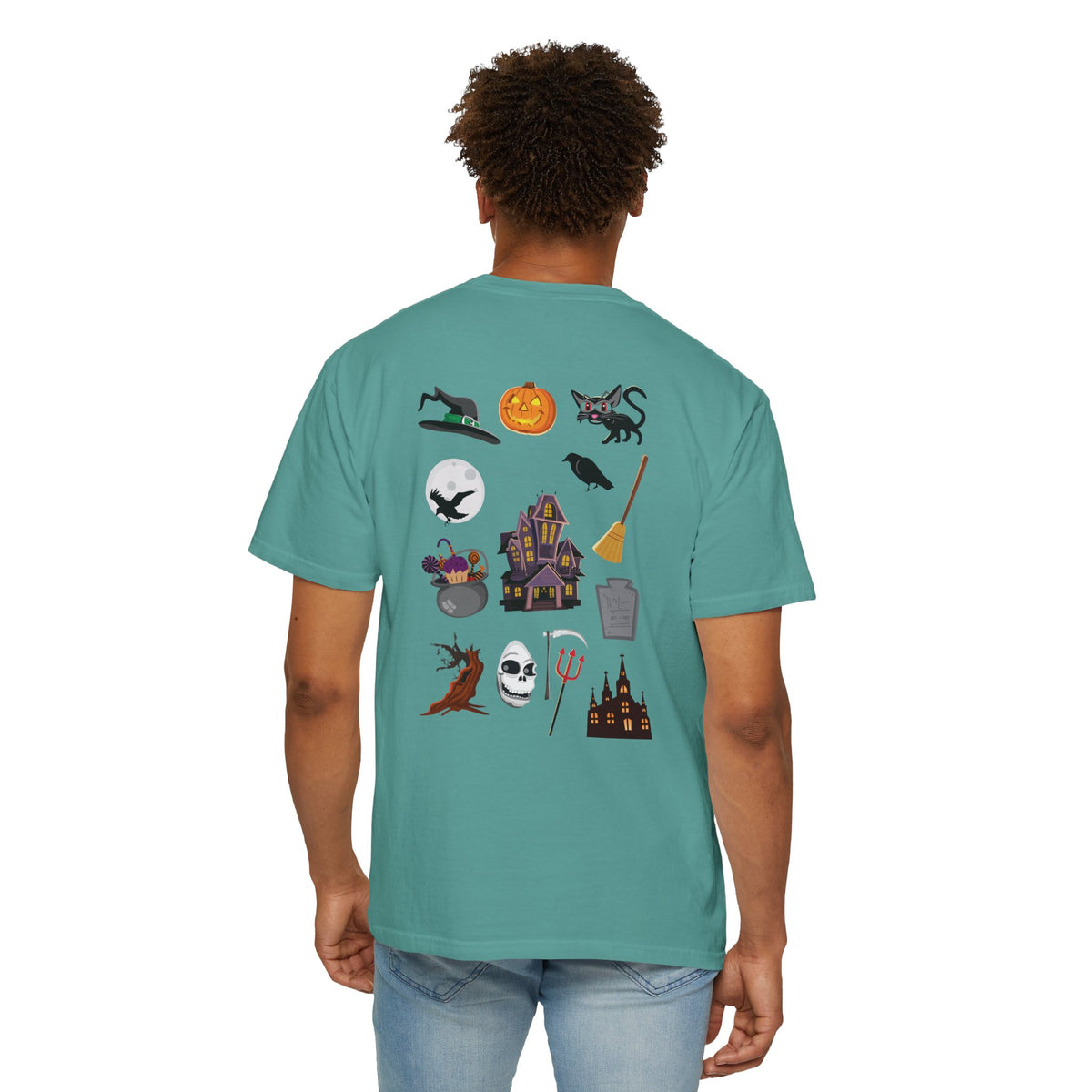 Halloween Icons T-Shirt — "Happy Halloween" Graphic Tee with Spooky Back Illustrations
