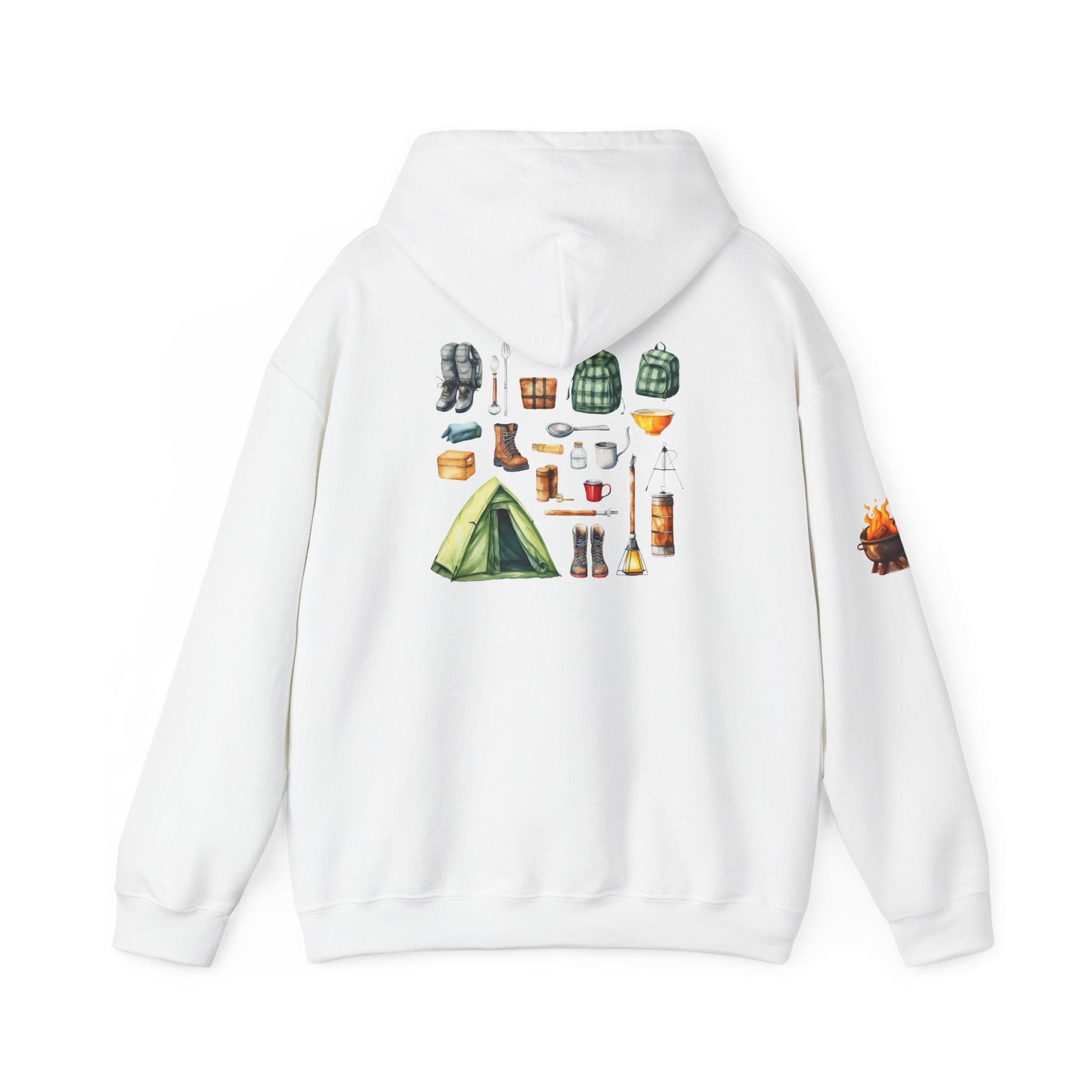 Camping Gear Hoodie  Tent, Boots, Lantern, Campfire Illustration