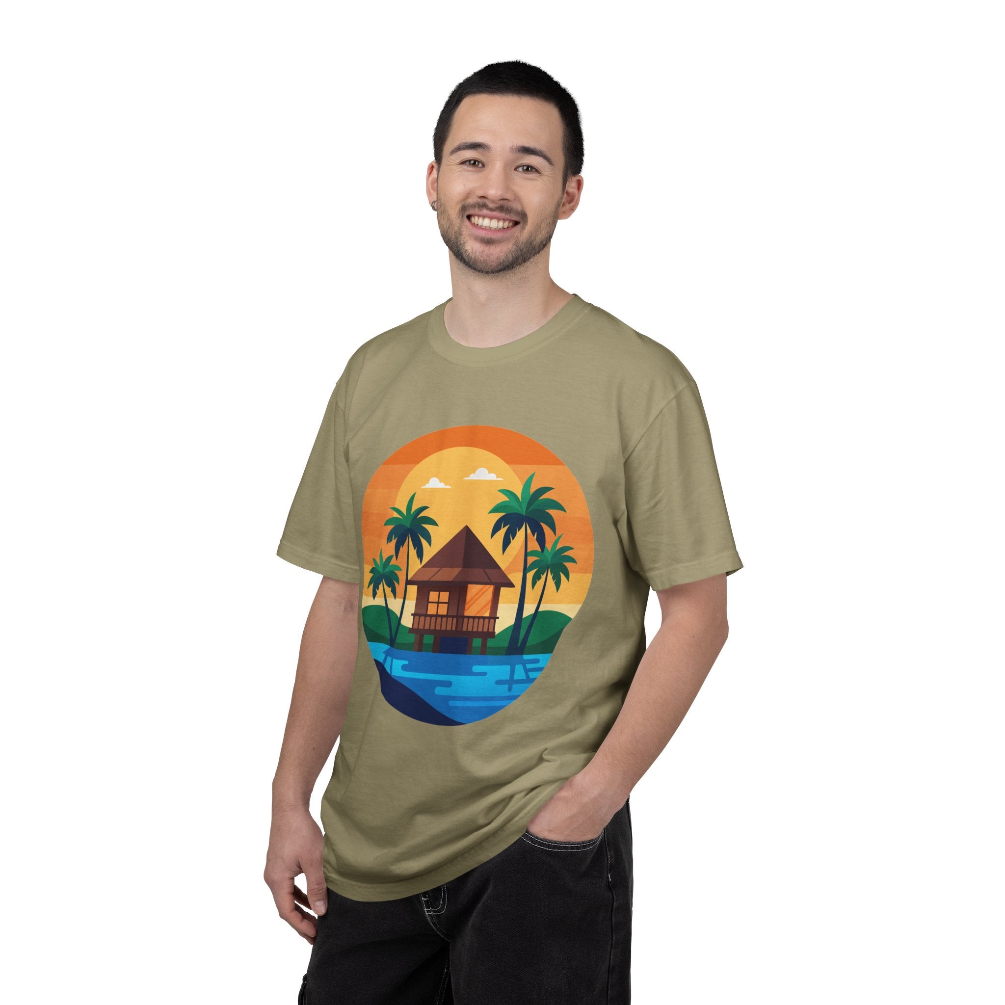 Tropical Beach Hut T-shirt | Sunset Palm Island Circle Design