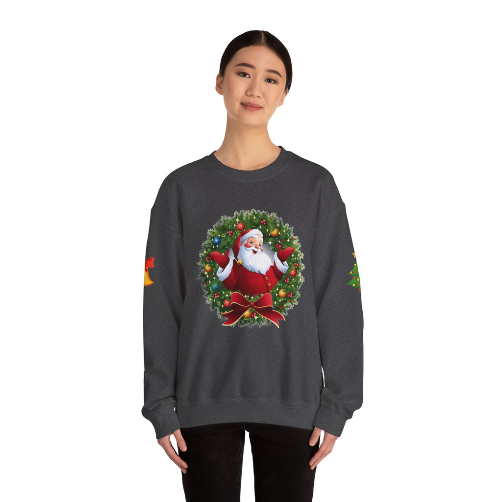 Santa in Wreath Crewneck Sweatshirt Christmas Tree Sleeve Accents