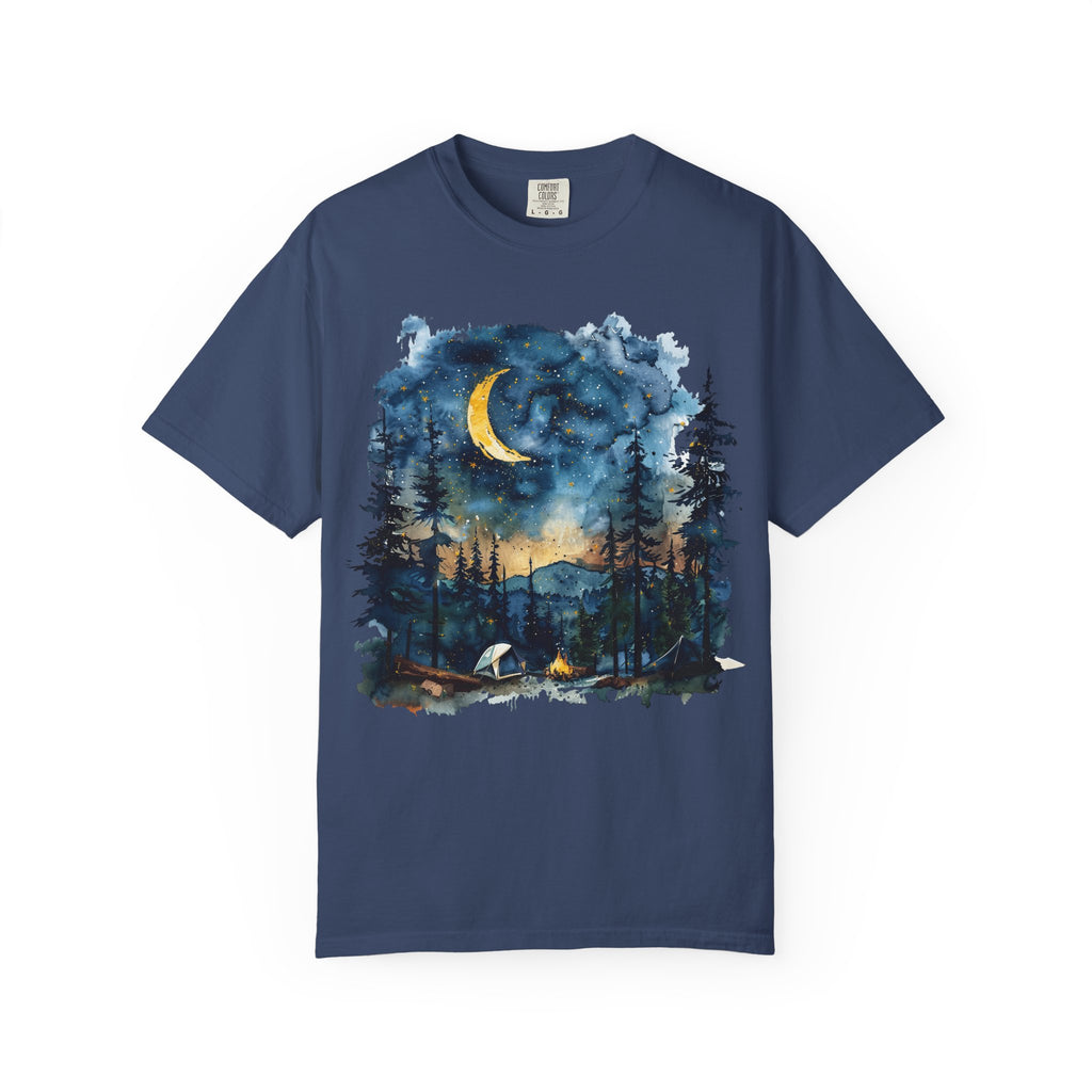 Moonlit Campsite T-shirt | Forest Night Sky, Crescent Moon