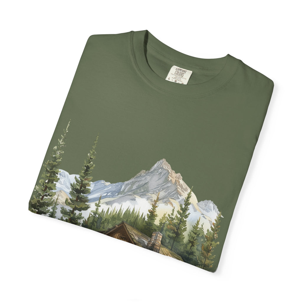 Mountain Log Cabin Illustration T-Shirt | Rustic Nature Scene