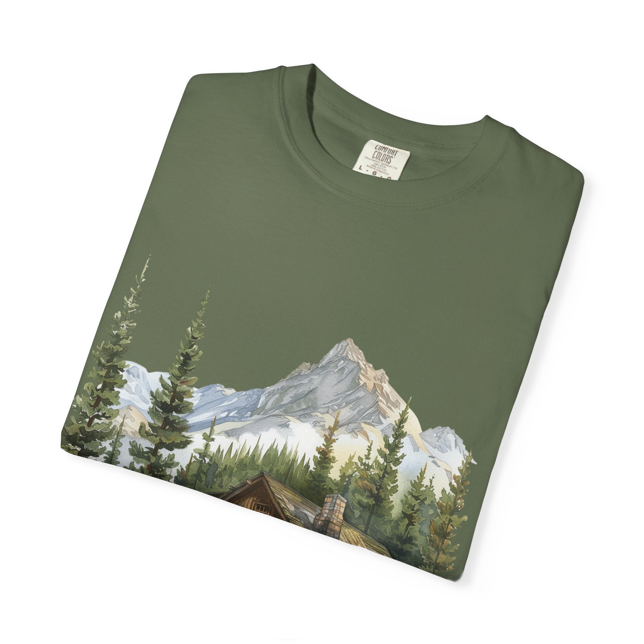 Mountain Log Cabin Illustration T-Shirt | Rustic Nature Scene
