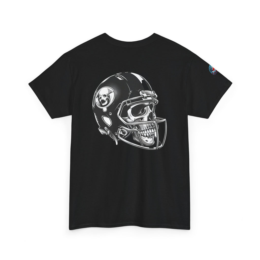 Skull Helmet Football Tee — Grunge Athletic Graphic T‑Shirt