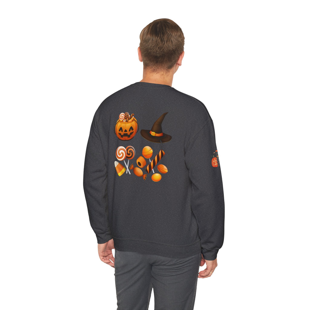 Halloween Candy Crewneck Sweatshirt — 'Happy Halloween' Jack-o'-Lantern & Candy Design